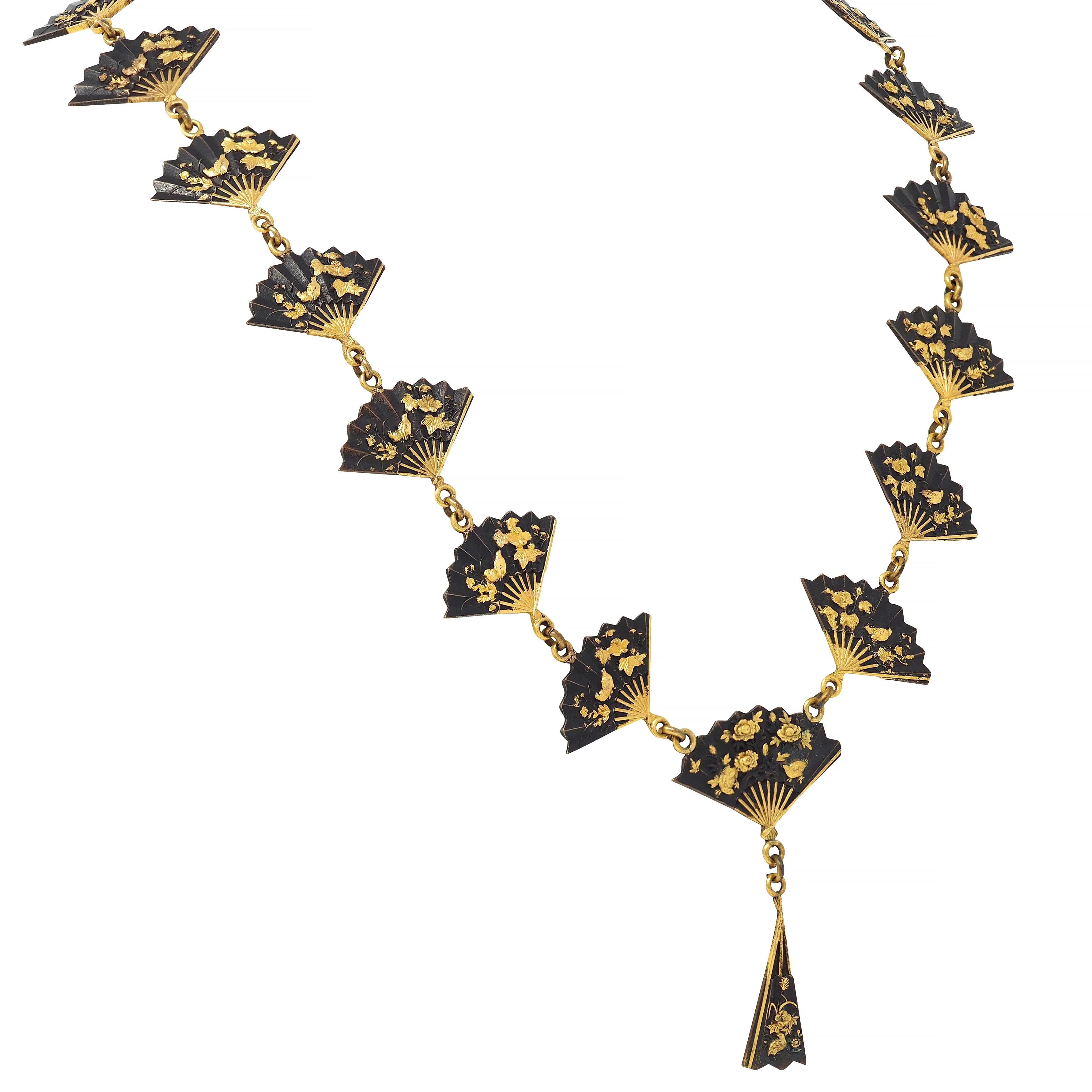 Victorian Shakudo 14 Karat Yellow Gold Antique Japanese Fan Link Sautoir Necklace - Image 4