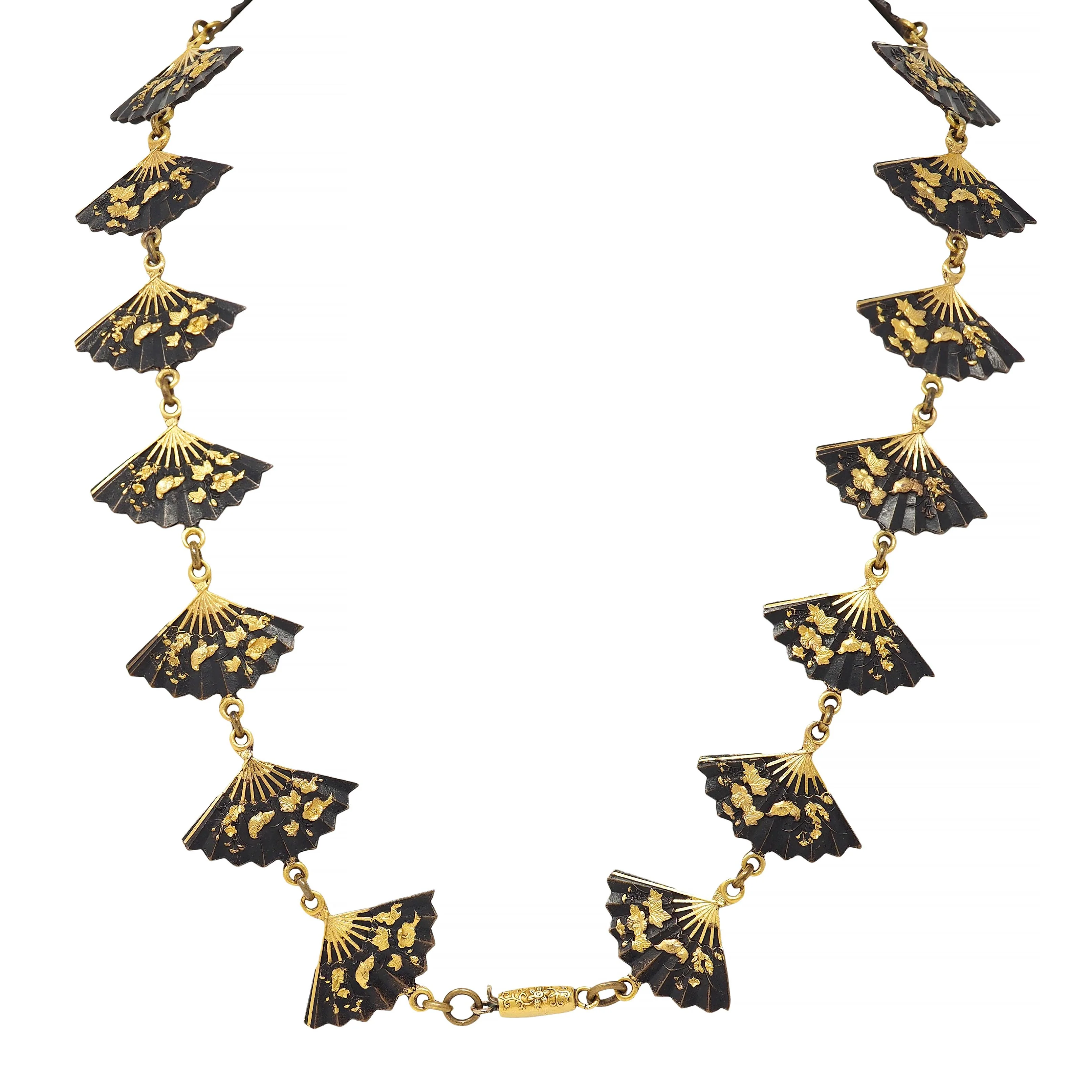 Victorian Shakudo 14 Karat Yellow Gold Antique Japanese Fan Link Sautoir Necklace - Image 7