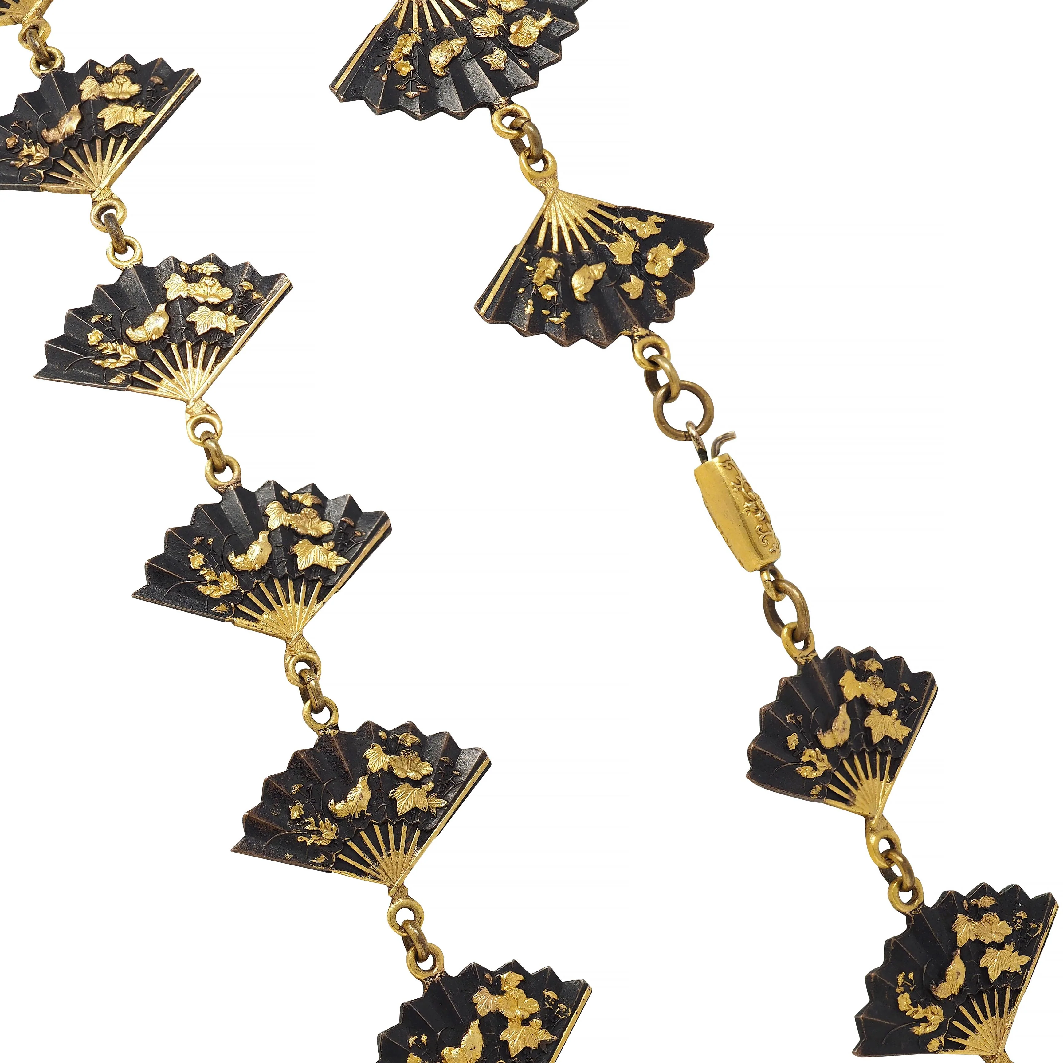 Victorian Shakudo 14 Karat Yellow Gold Antique Japanese Fan Link Sautoir Necklace - Image 8