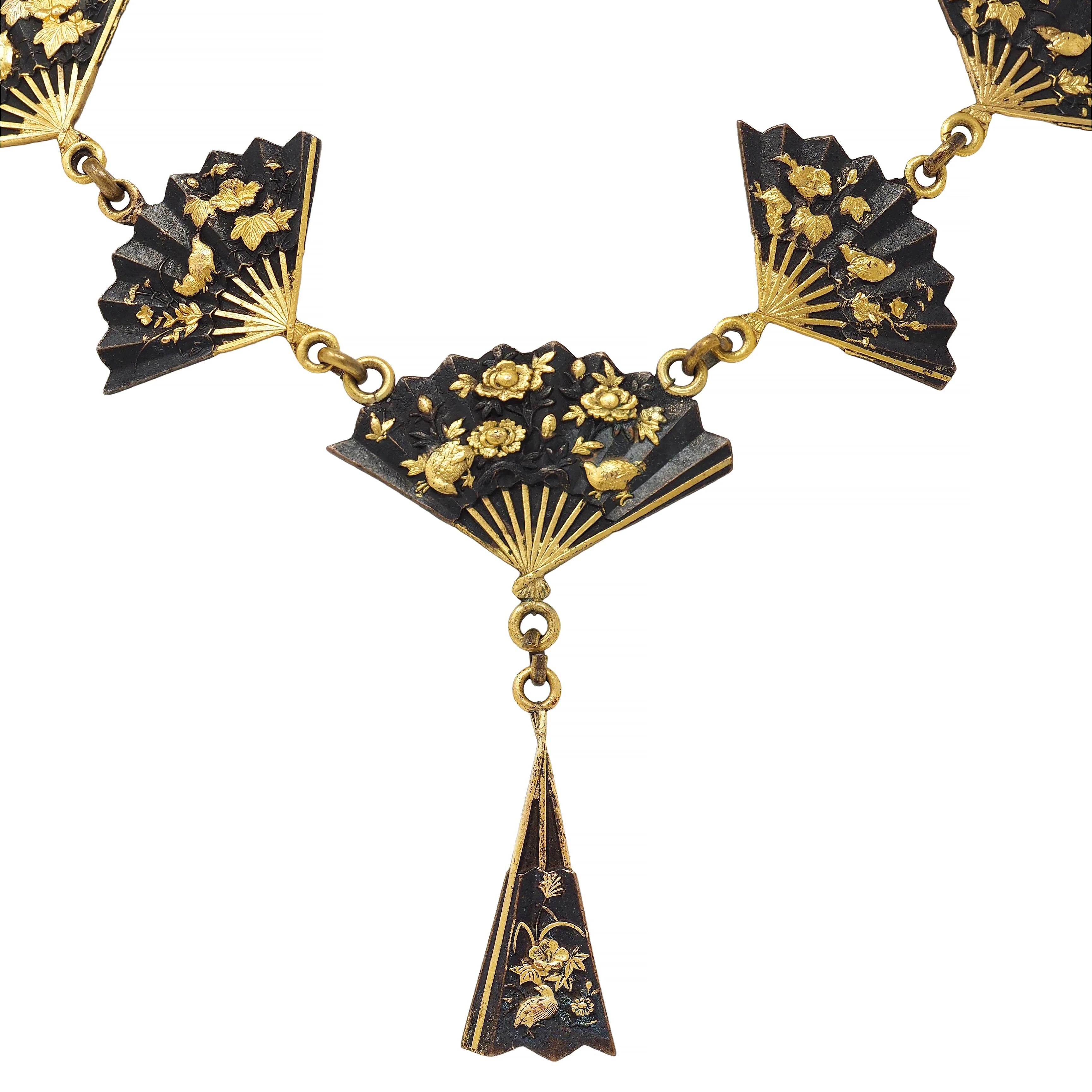 Victorian Shakudo 14 Karat Yellow Gold Antique Japanese Fan Link Sautoir Necklace - Image 9