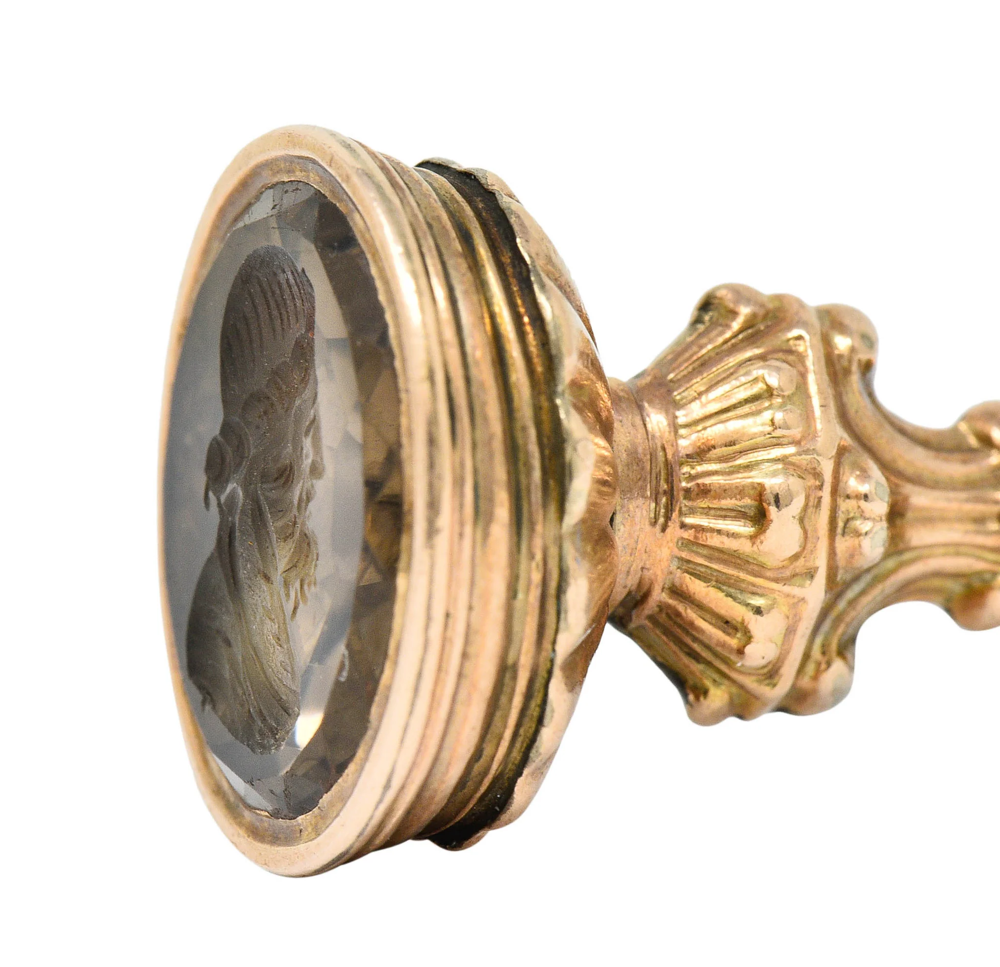 Victorian Smoky Quartz Intaglio 14 Karat Gold Neoclassical Fob Charm Pendant - Image 7