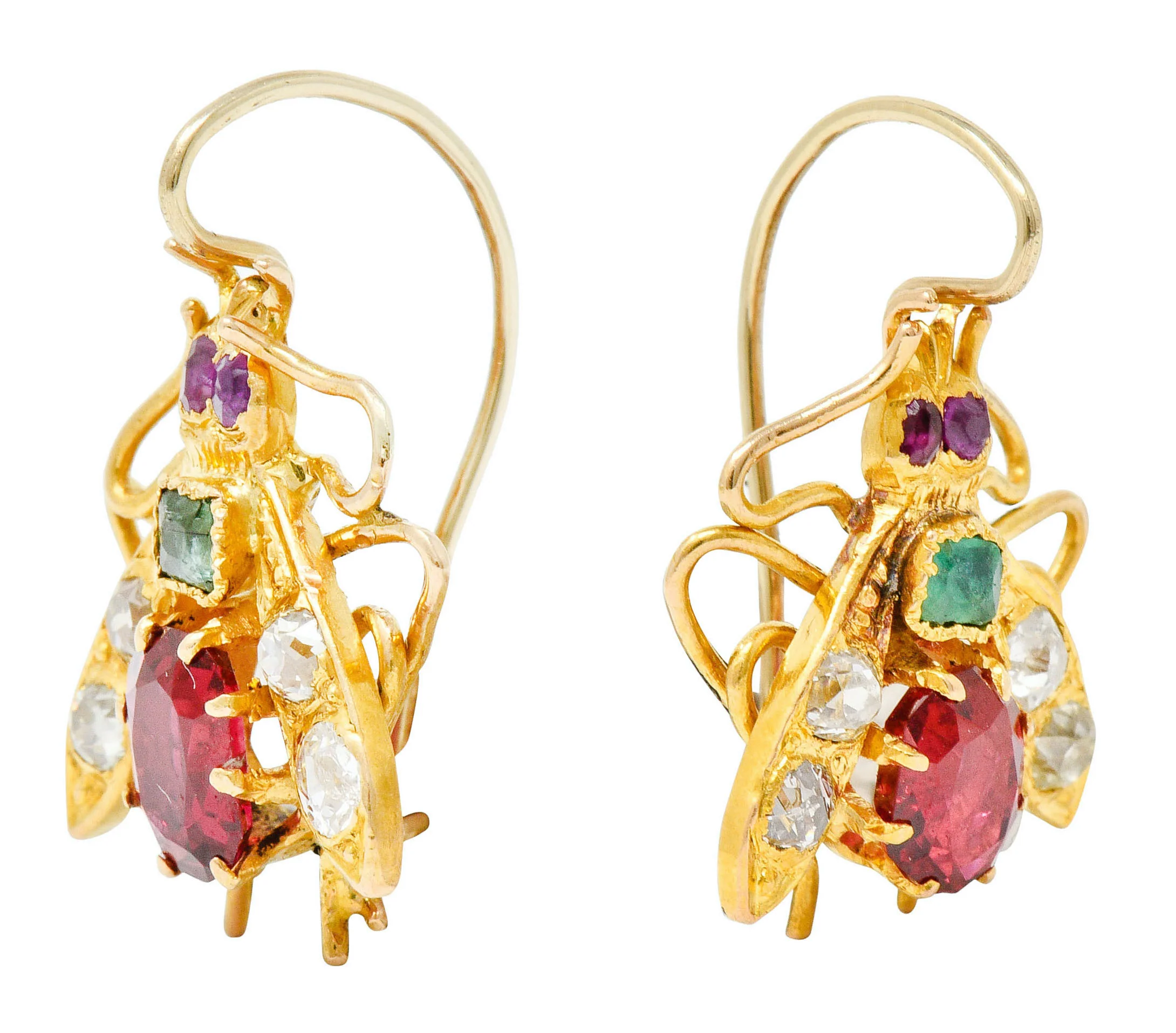 Victorian Spinel Diamond Emerald 18 Karat Gold Insect Earrings - Image 2