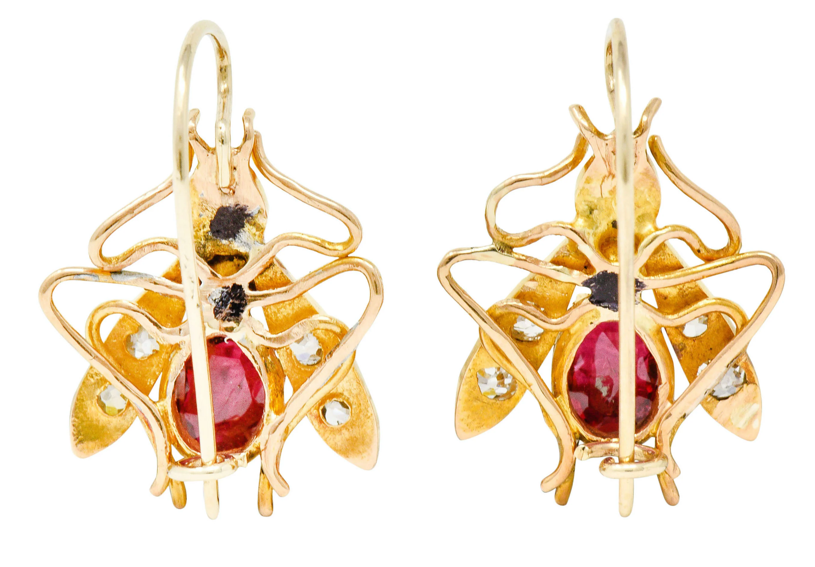 Victorian Spinel Diamond Emerald 18 Karat Gold Insect Earrings - Image 4