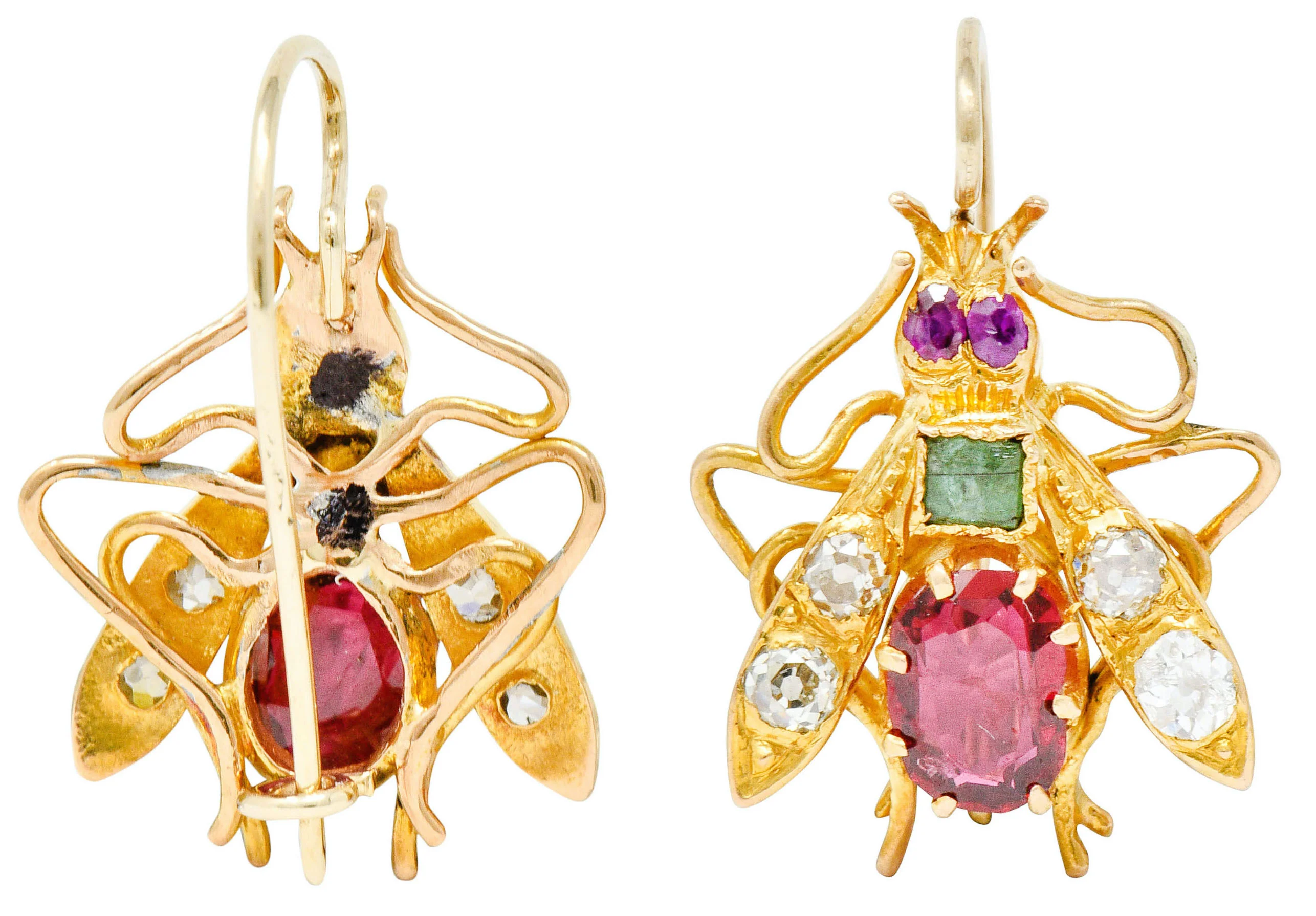 Victorian Spinel Diamond Emerald 18 Karat Gold Insect Earrings - Image 5