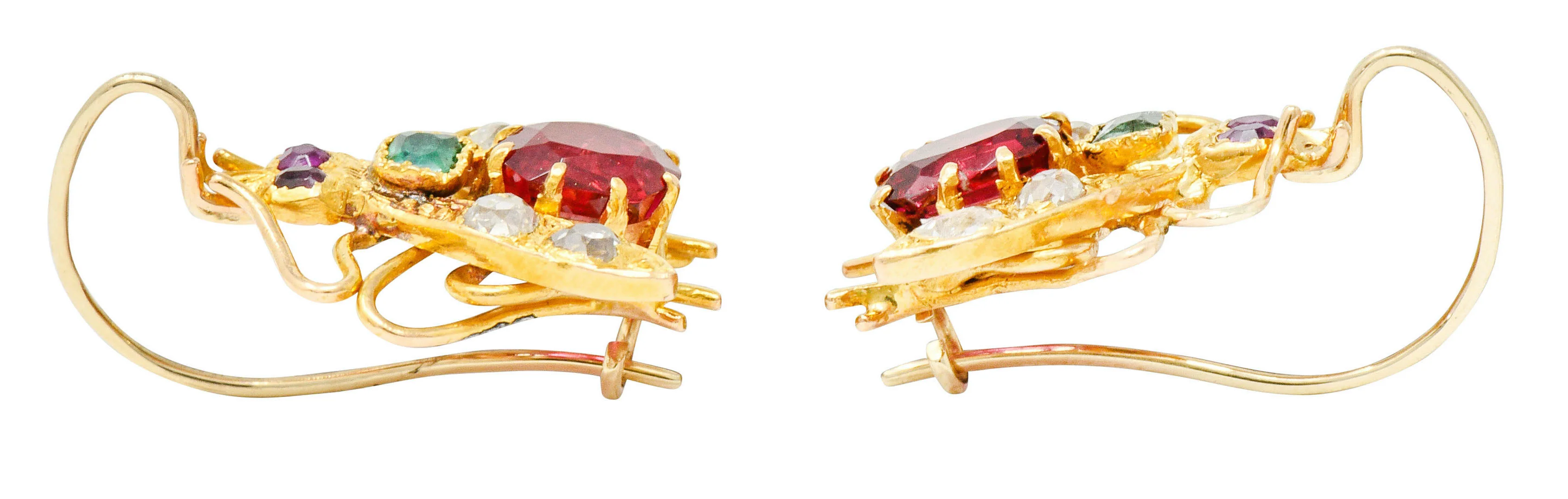 Victorian Spinel Diamond Emerald 18 Karat Gold Insect Earrings - Image 6