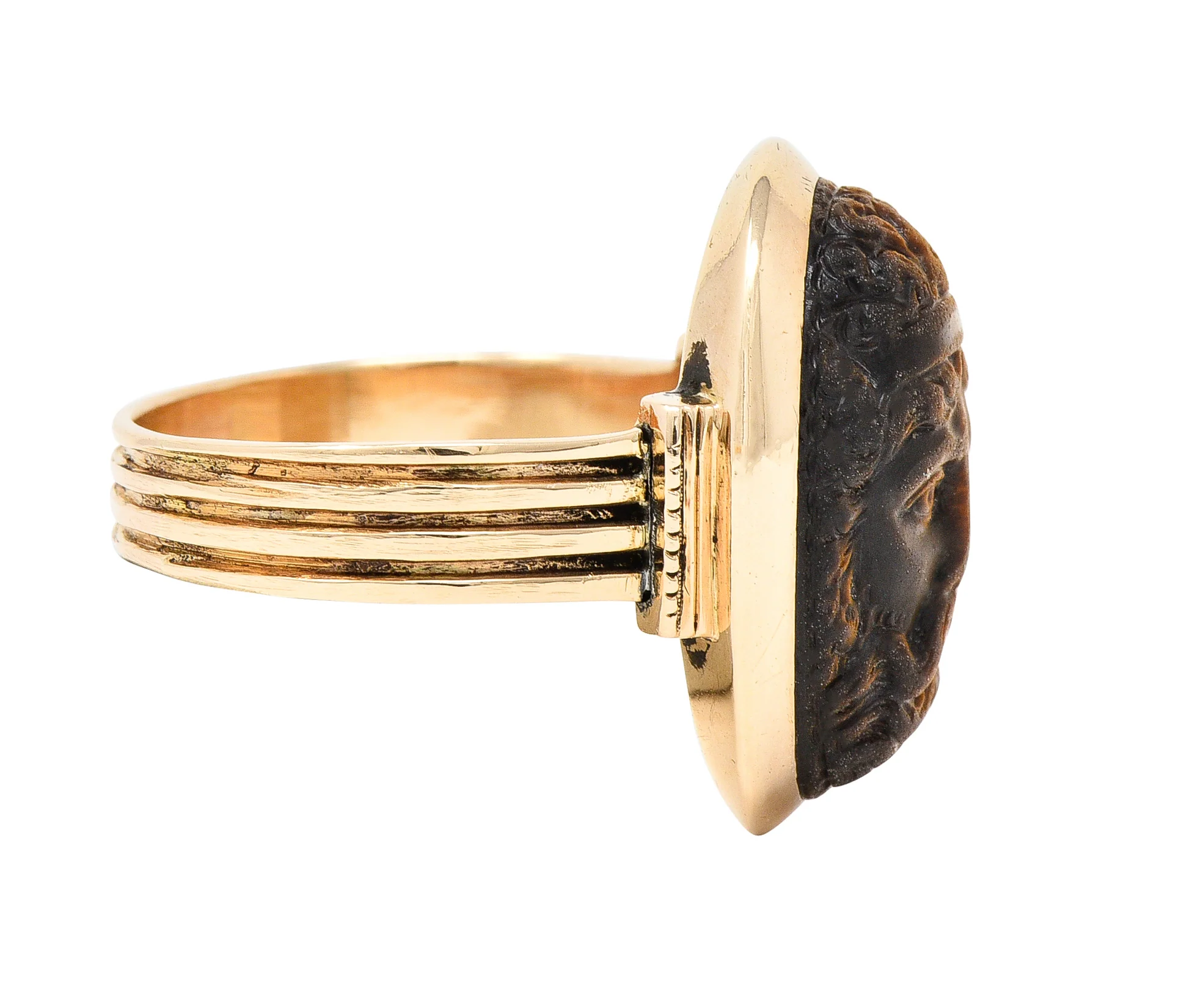 Victorian Tiger's Eye 14 Karat Rose Gold Carved Hercules Cameo Antique Unisex Ring - Image 3