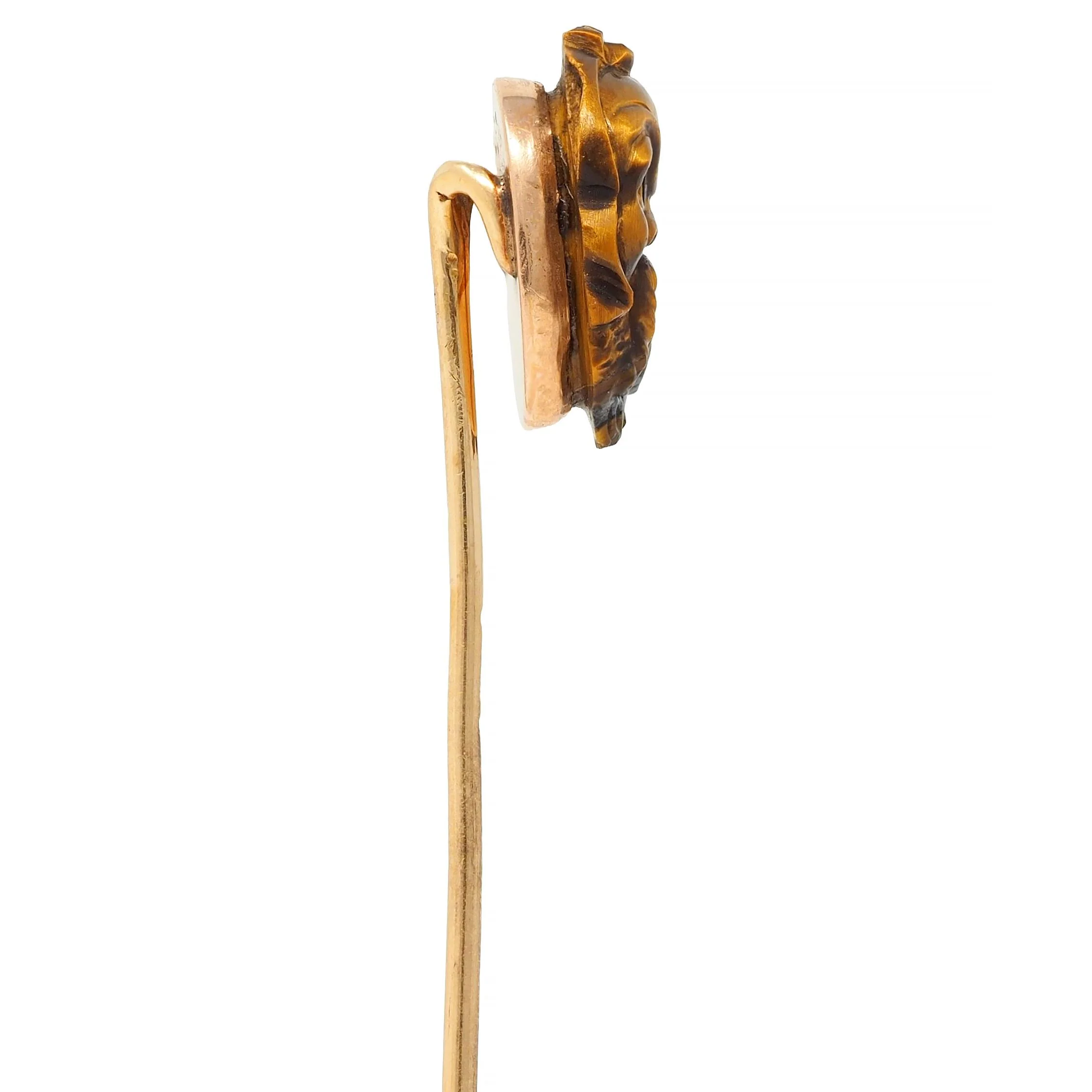 Victorian Tiger's Eye Diamond Silver 14 Karat Yellow Gold Antique Japanese Kabuki Mask Stickpin - Image 3