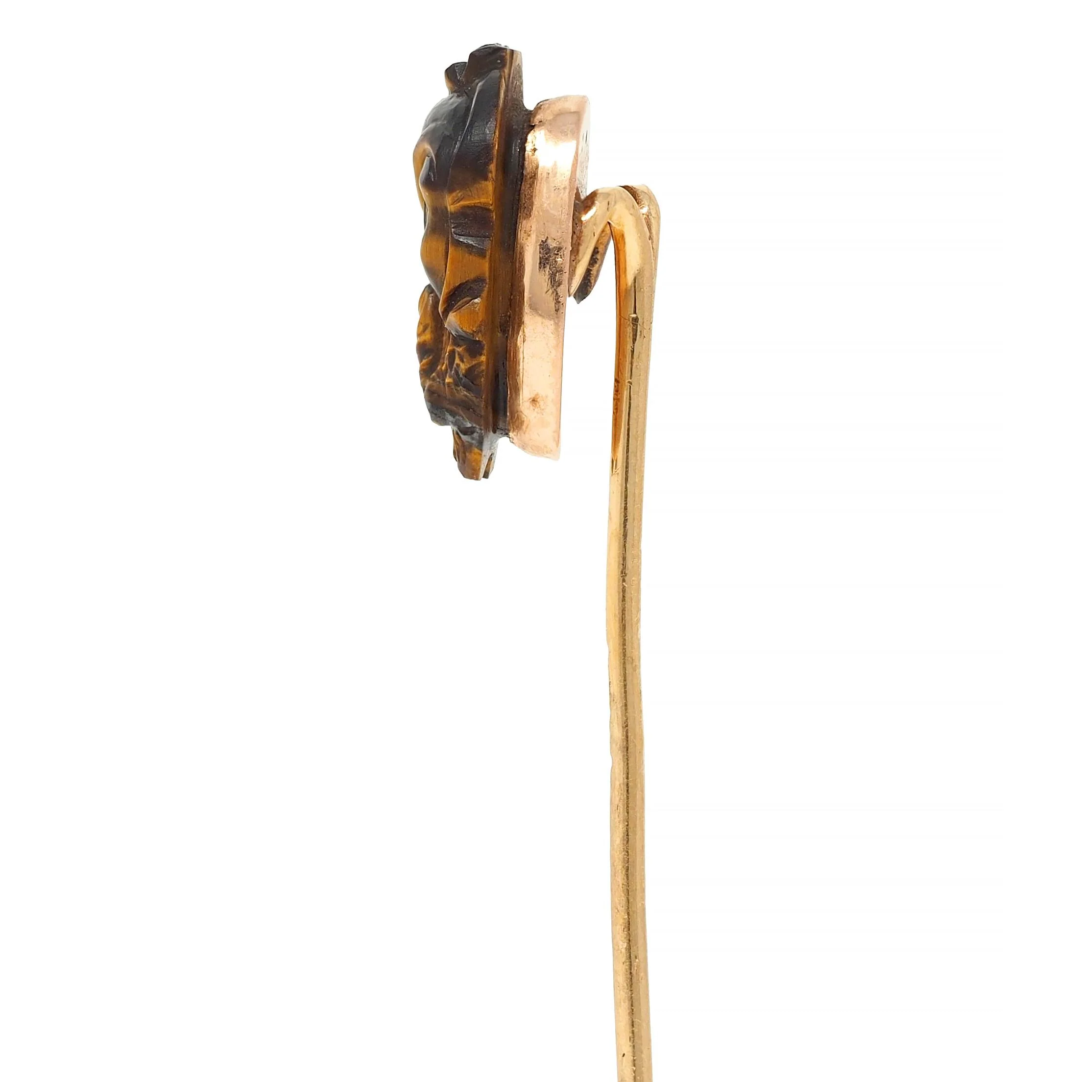 Victorian Tiger's Eye Diamond Silver 14 Karat Yellow Gold Antique Japanese Kabuki Mask Stickpin - Image 4