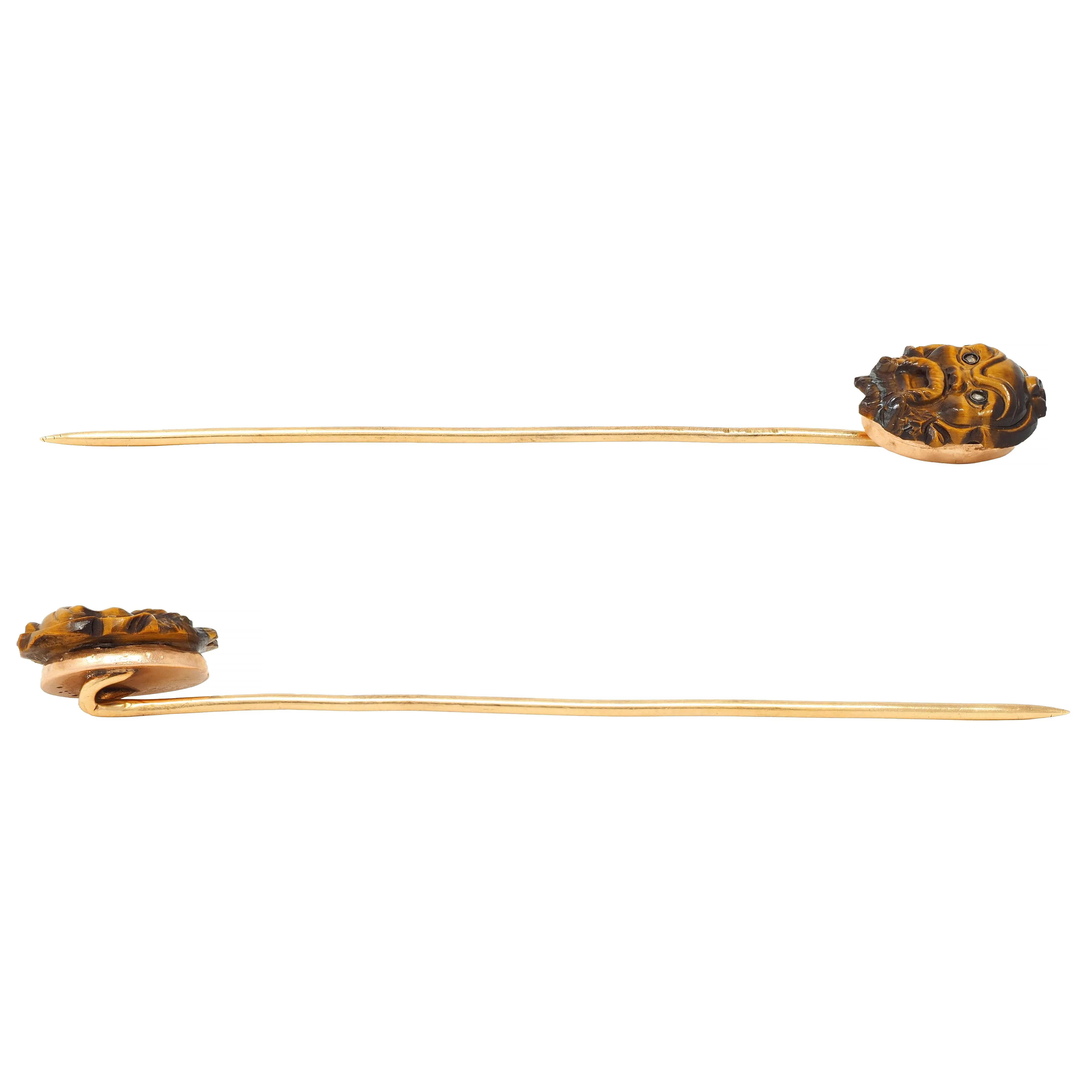 Victorian Tiger's Eye Diamond Silver 14 Karat Yellow Gold Antique Japanese Kabuki Mask Stickpin - Image 5