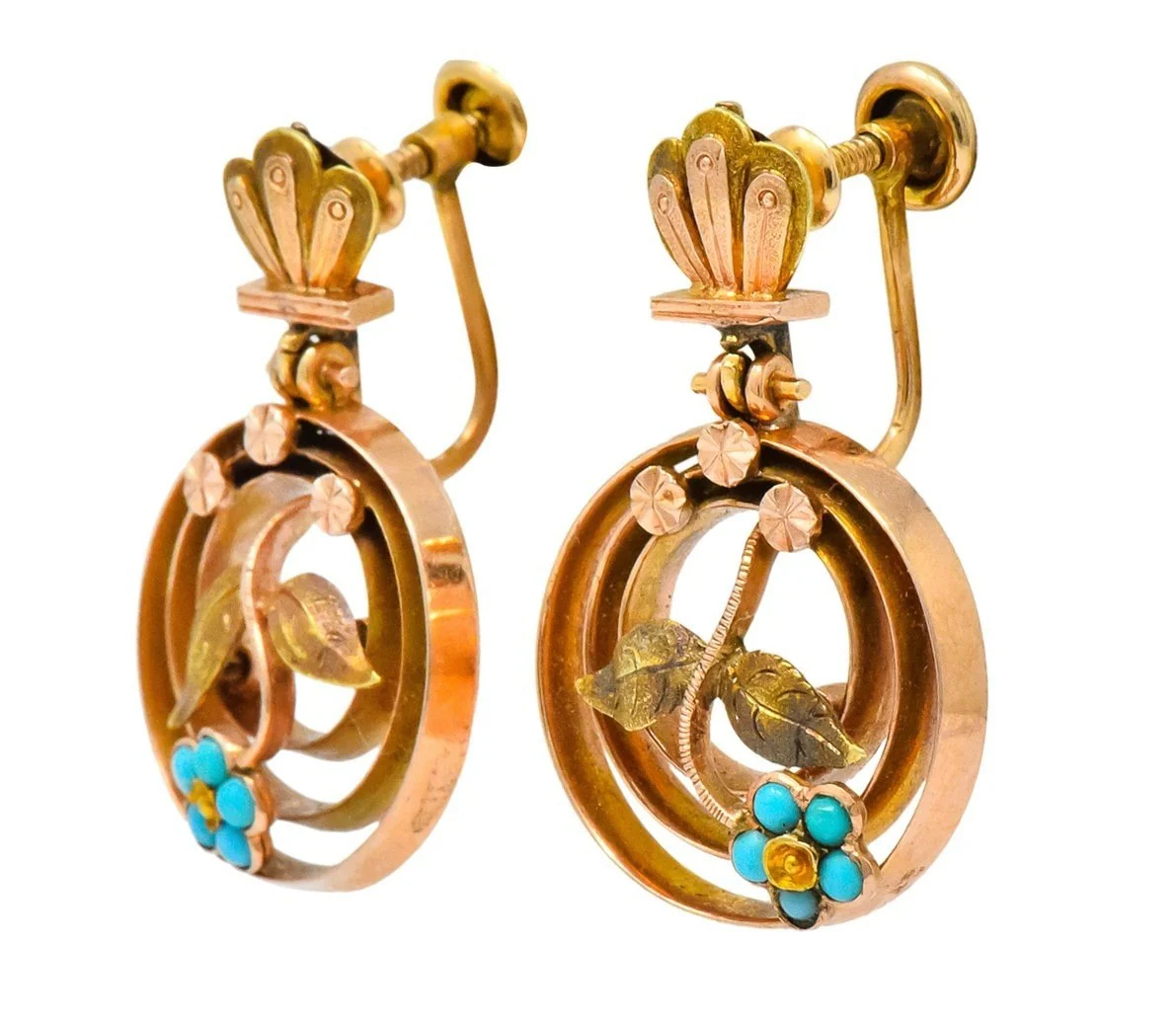 Victorian Turquoise 10 Karat Tri-Gold Floral Earrings - Image 2