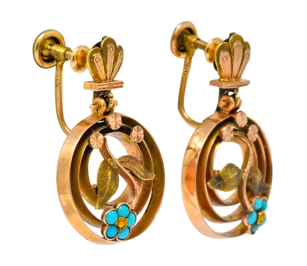 Victorian Turquoise 10 Karat Tri-Gold Floral Earrings - Image 3