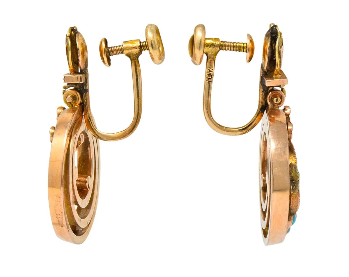 Victorian Turquoise 10 Karat Tri-Gold Floral Earrings - Image 4