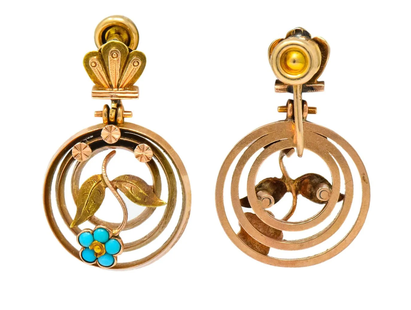 Victorian Turquoise 10 Karat Tri-Gold Floral Earrings - Image 6