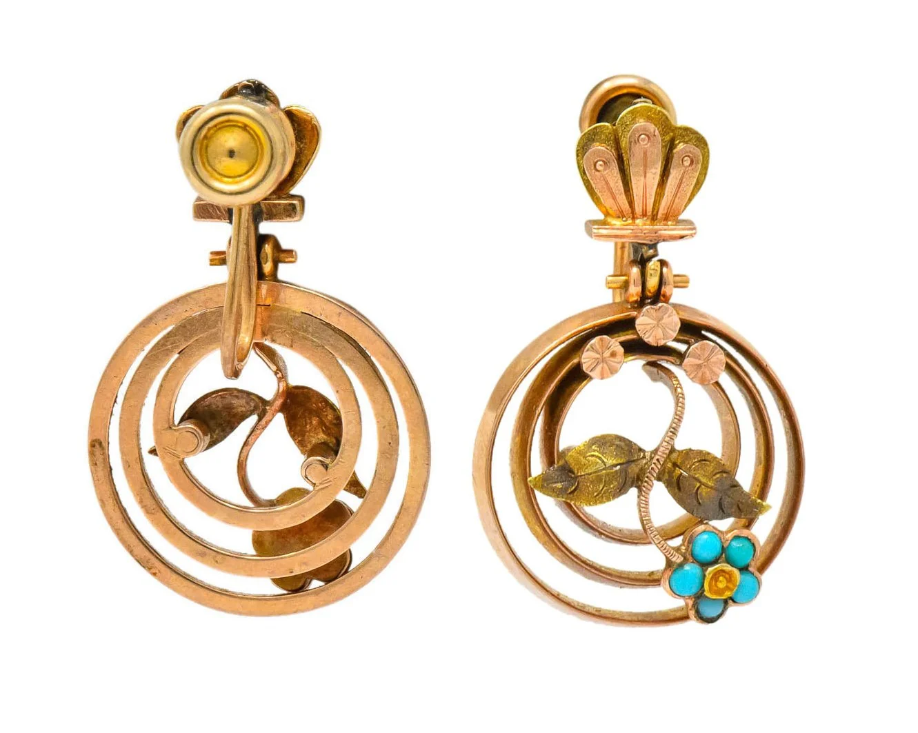 Victorian Turquoise 10 Karat Tri-Gold Floral Earrings - Image 7