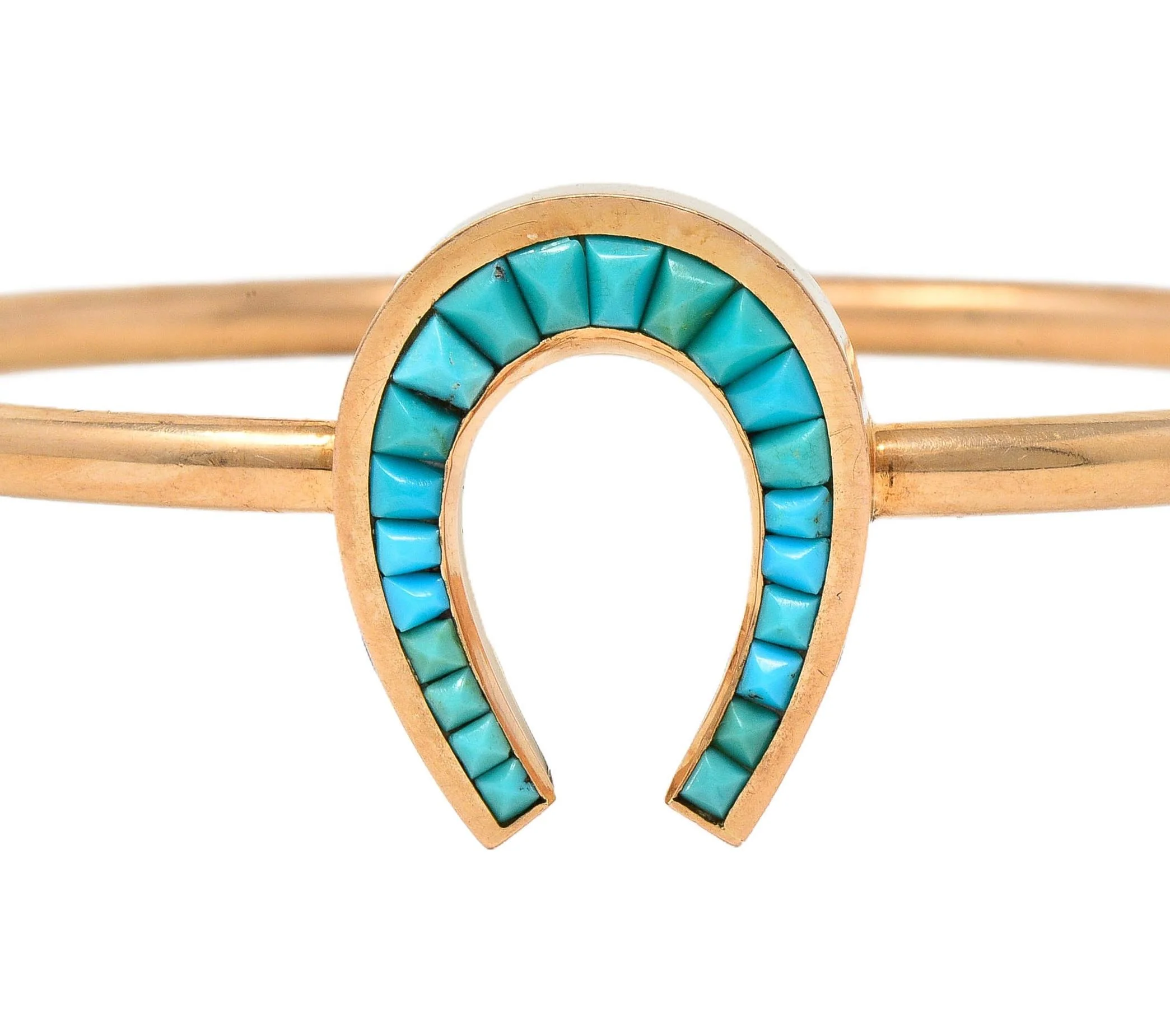 Victorian Turquoise 14 Karat Rose Gold Antique Horseshoe Bangle Bracelet - Image 13