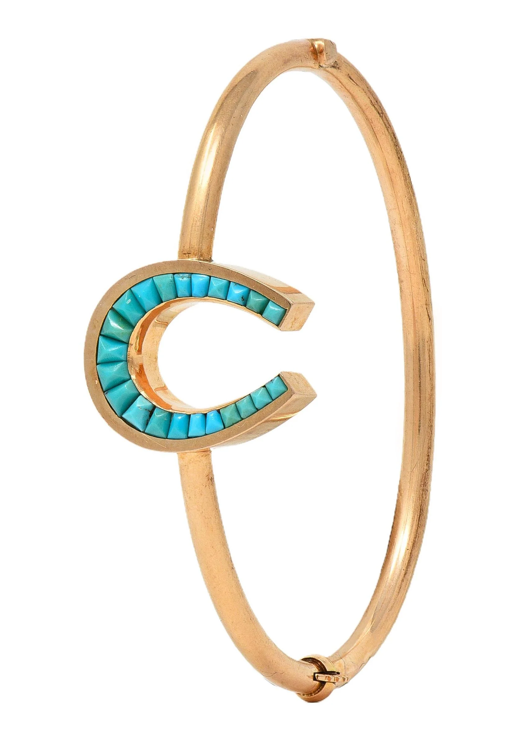 Victorian Turquoise 14 Karat Rose Gold Antique Horseshoe Bangle Bracelet - Image 3