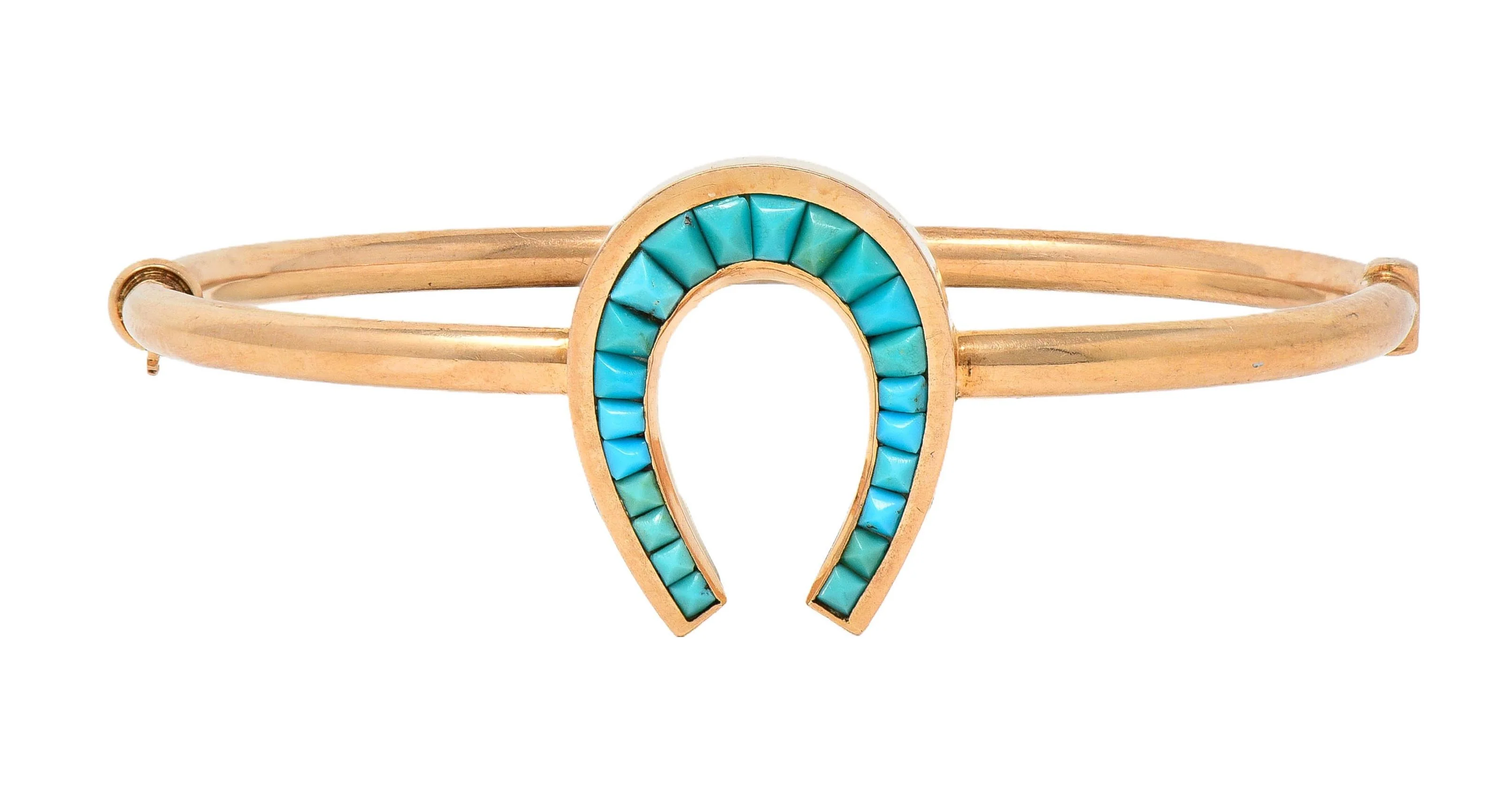 Victorian Turquoise 14 Karat Rose Gold Antique Horseshoe Bangle Bracelet - Image 4