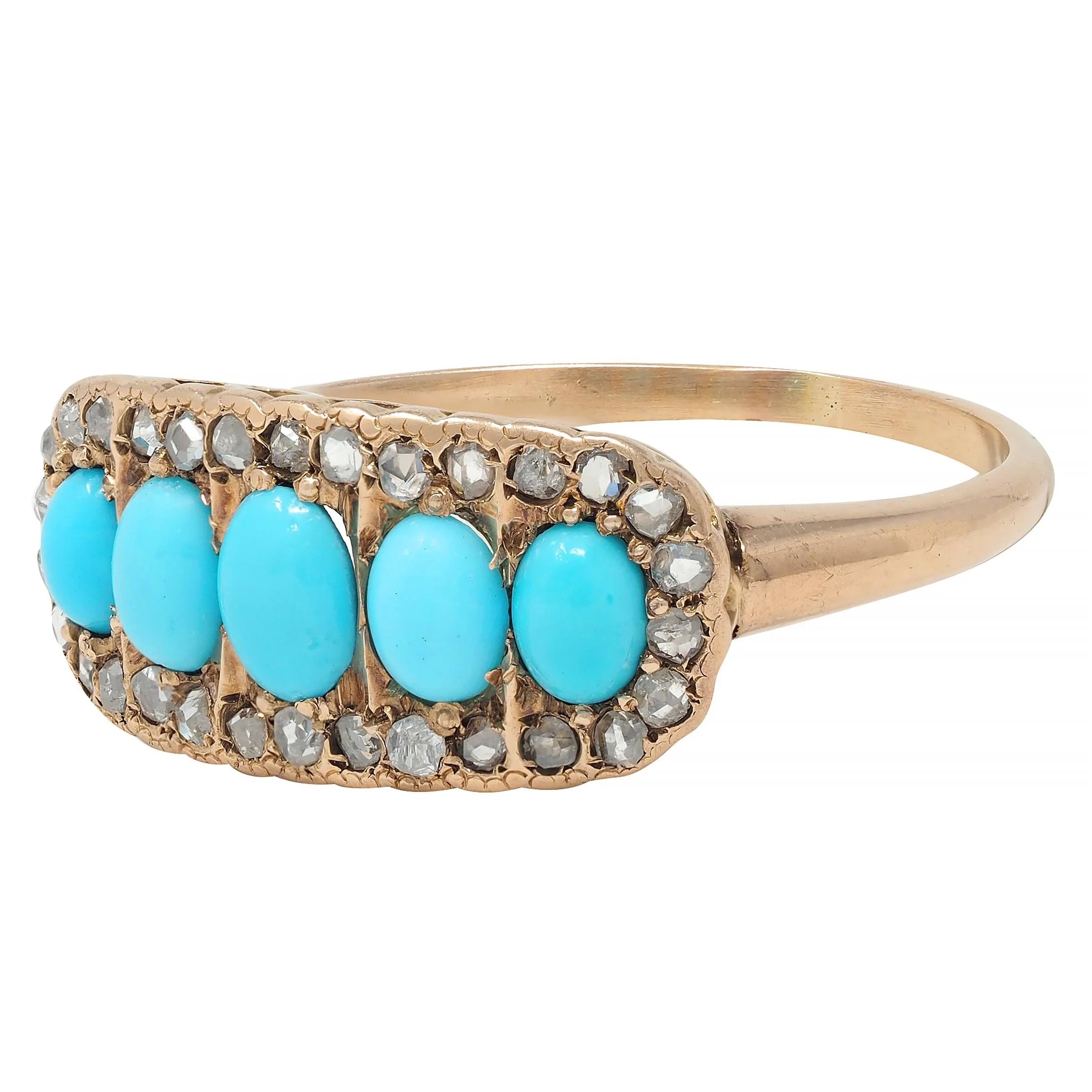 Victorian Turquoise Cabochon Diamond 14 Karat Rose Gold Antique Band Ring - Image 6
