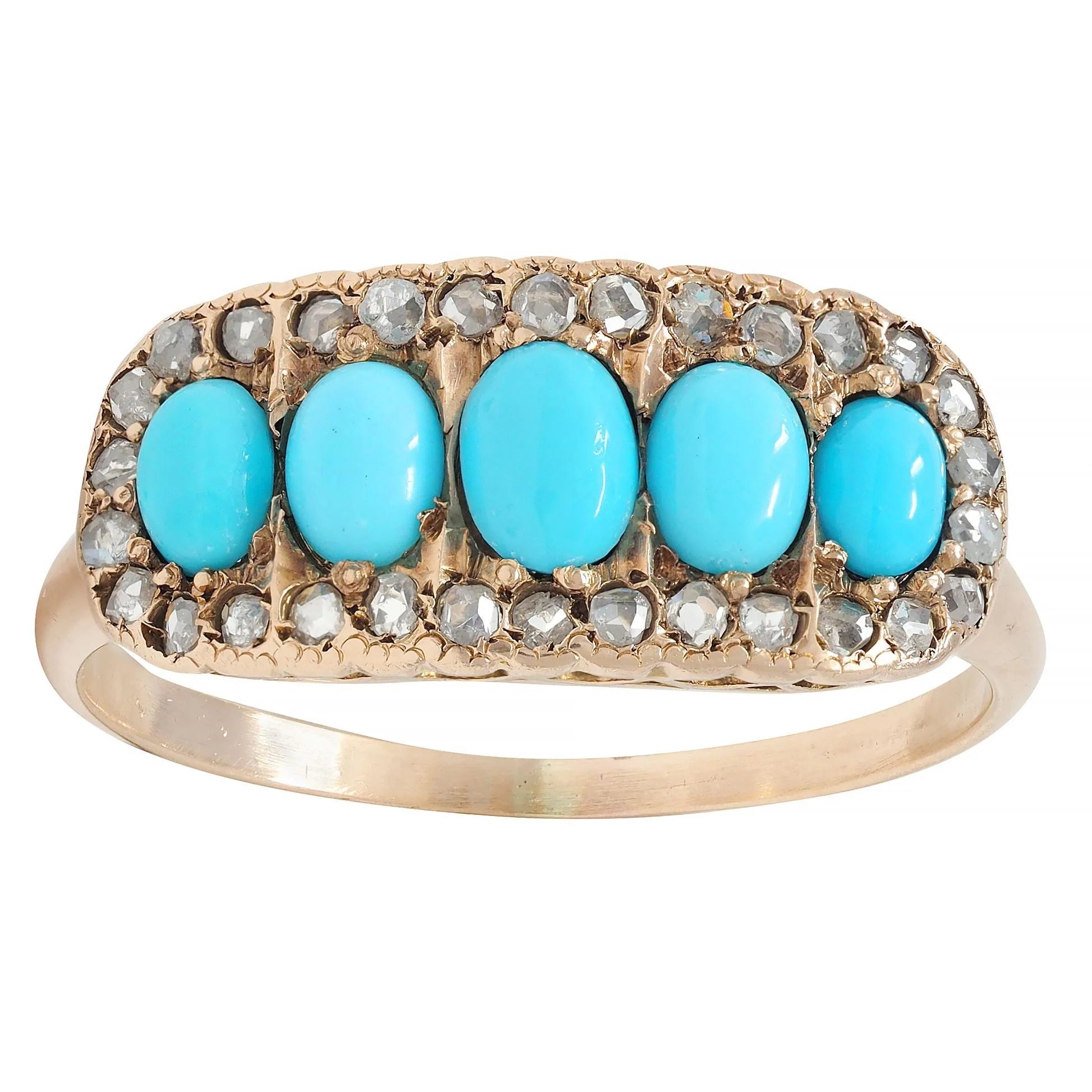 Victorian Turquoise Cabochon Diamond 14 Karat Rose Gold Antique Band Ring - Image 8