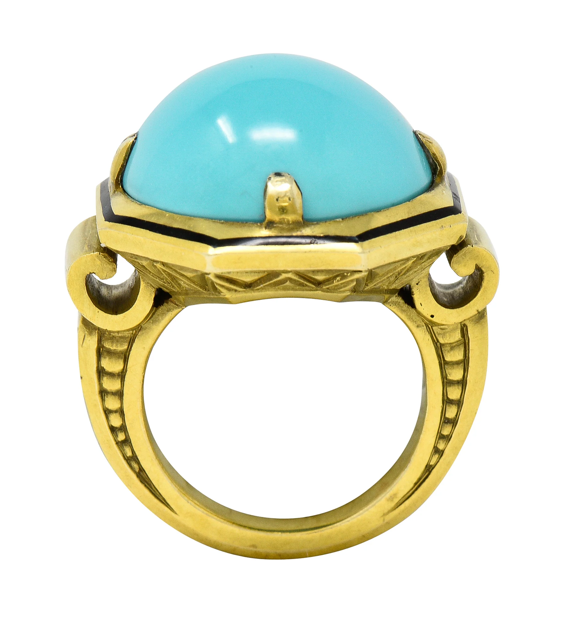 Victorian Turquoise Cabochon Enamel 14 Karat Green Gold Antique Statement Ring - Image 10