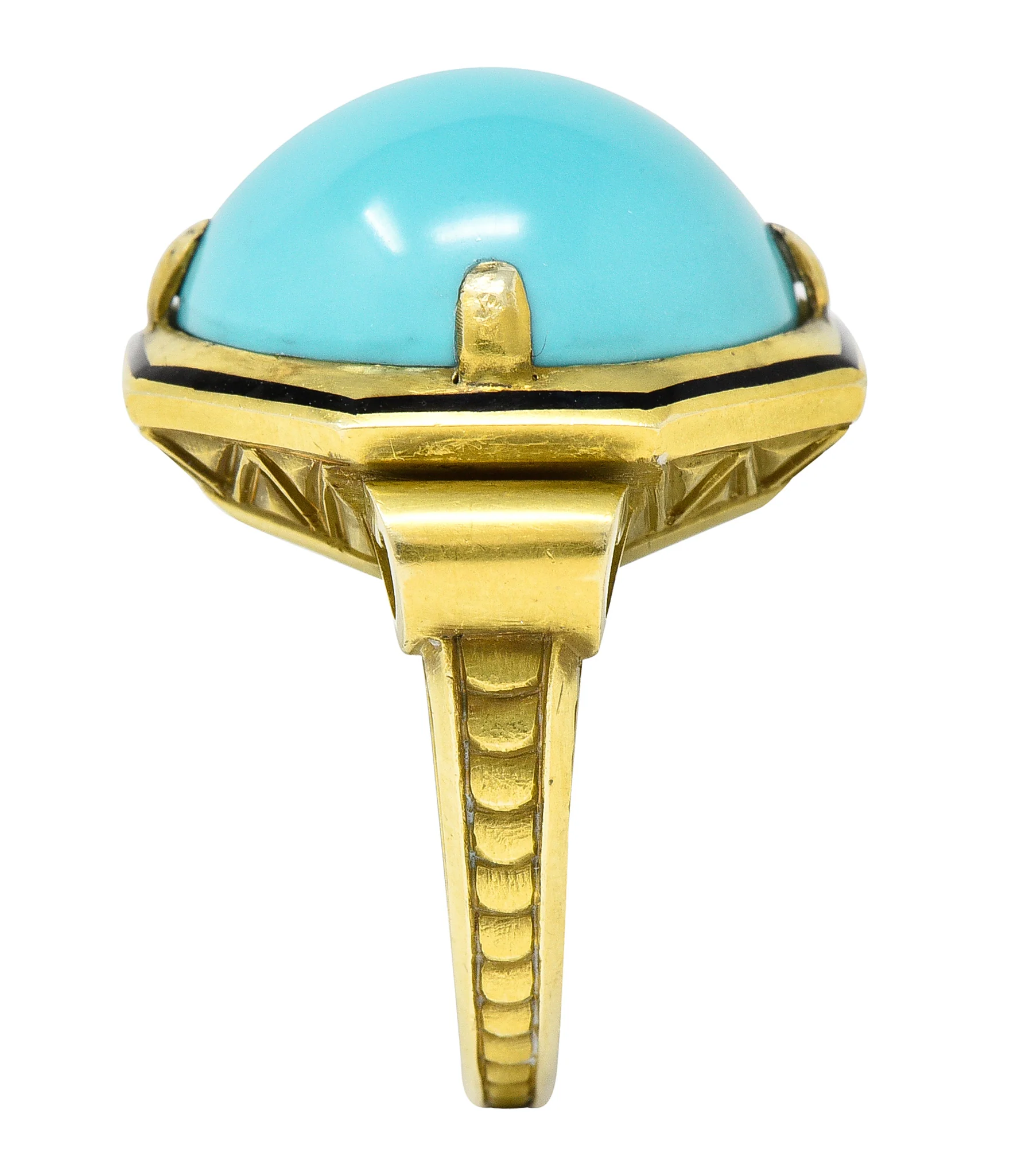 Victorian Turquoise Cabochon Enamel 14 Karat Green Gold Antique Statement Ring - Image 11