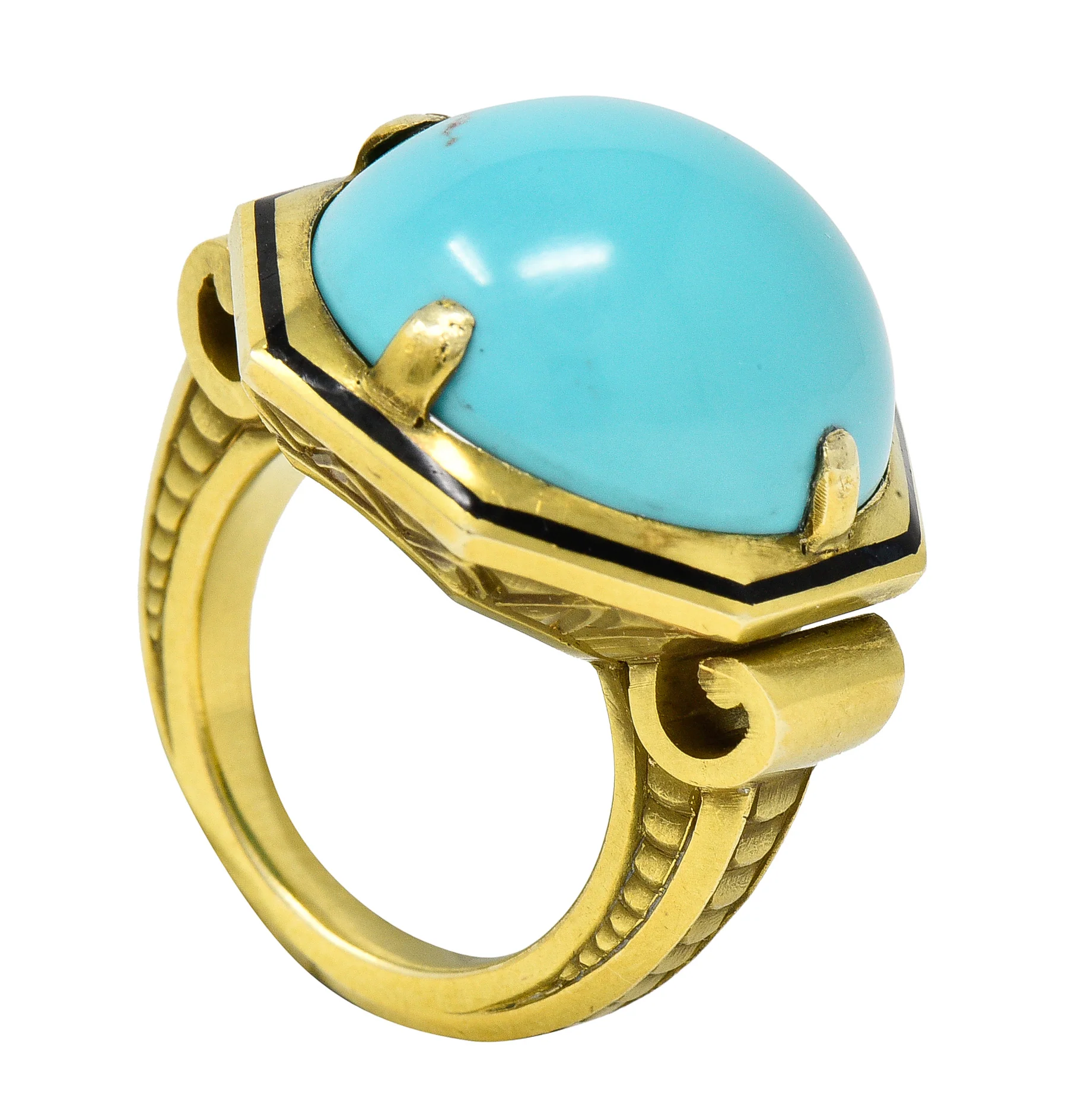 Victorian Turquoise Cabochon Enamel 14 Karat Green Gold Antique Statement Ring - Image 12