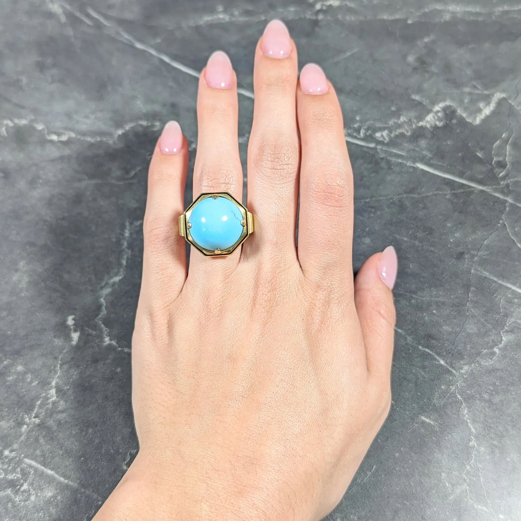 Victorian Turquoise Cabochon Enamel 14 Karat Green Gold Antique Statement Ring - Image 13