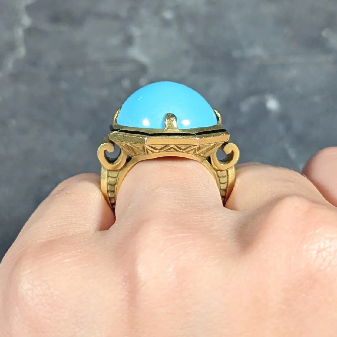 Victorian Turquoise Cabochon Enamel 14 Karat Green Gold Antique Statement Ring - Image 14