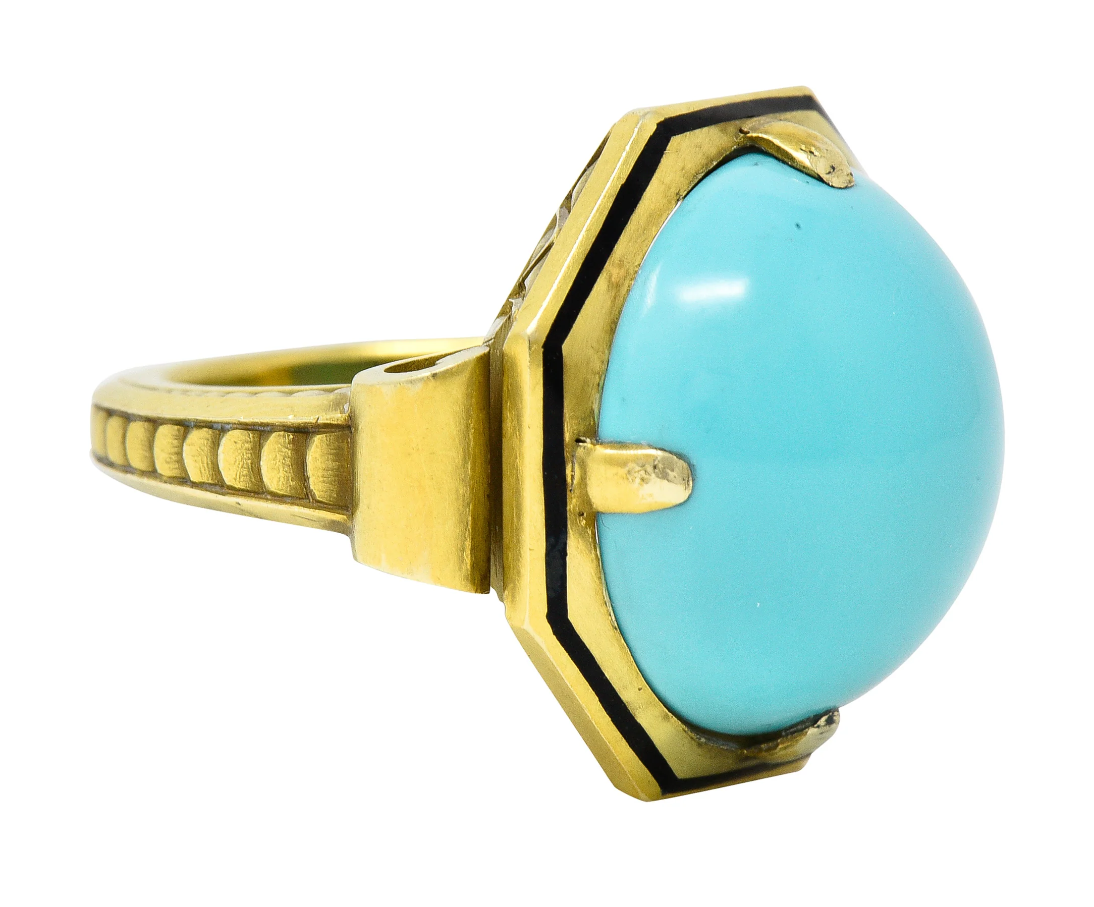 Victorian Turquoise Cabochon Enamel 14 Karat Green Gold Antique Statement Ring - Image 3