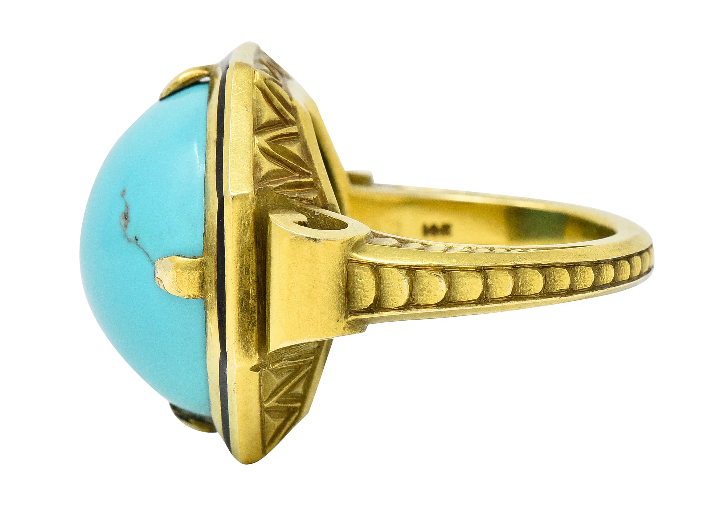 Victorian Turquoise Cabochon Enamel 14 Karat Green Gold Antique Statement Ring - Image 6