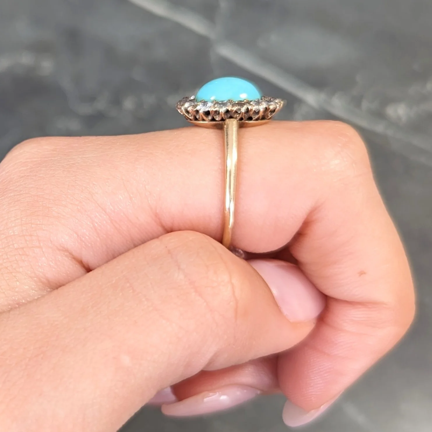 Victorian Turquoise Cabochon Old Mine Cut Diamond 14 Karat Yellow Gold Halo Ring - Image 14