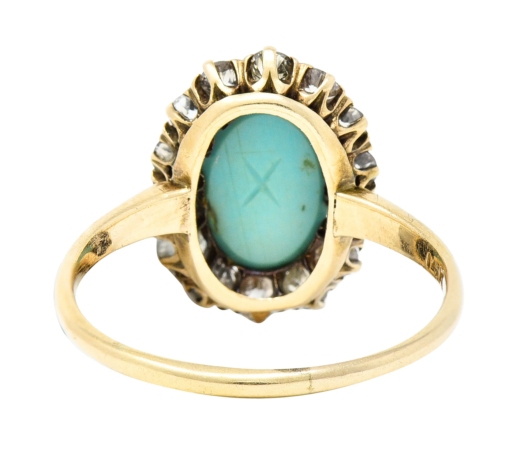 Victorian Turquoise Cabochon Old Mine Cut Diamond 14 Karat Yellow Gold Halo Ring - Image 4