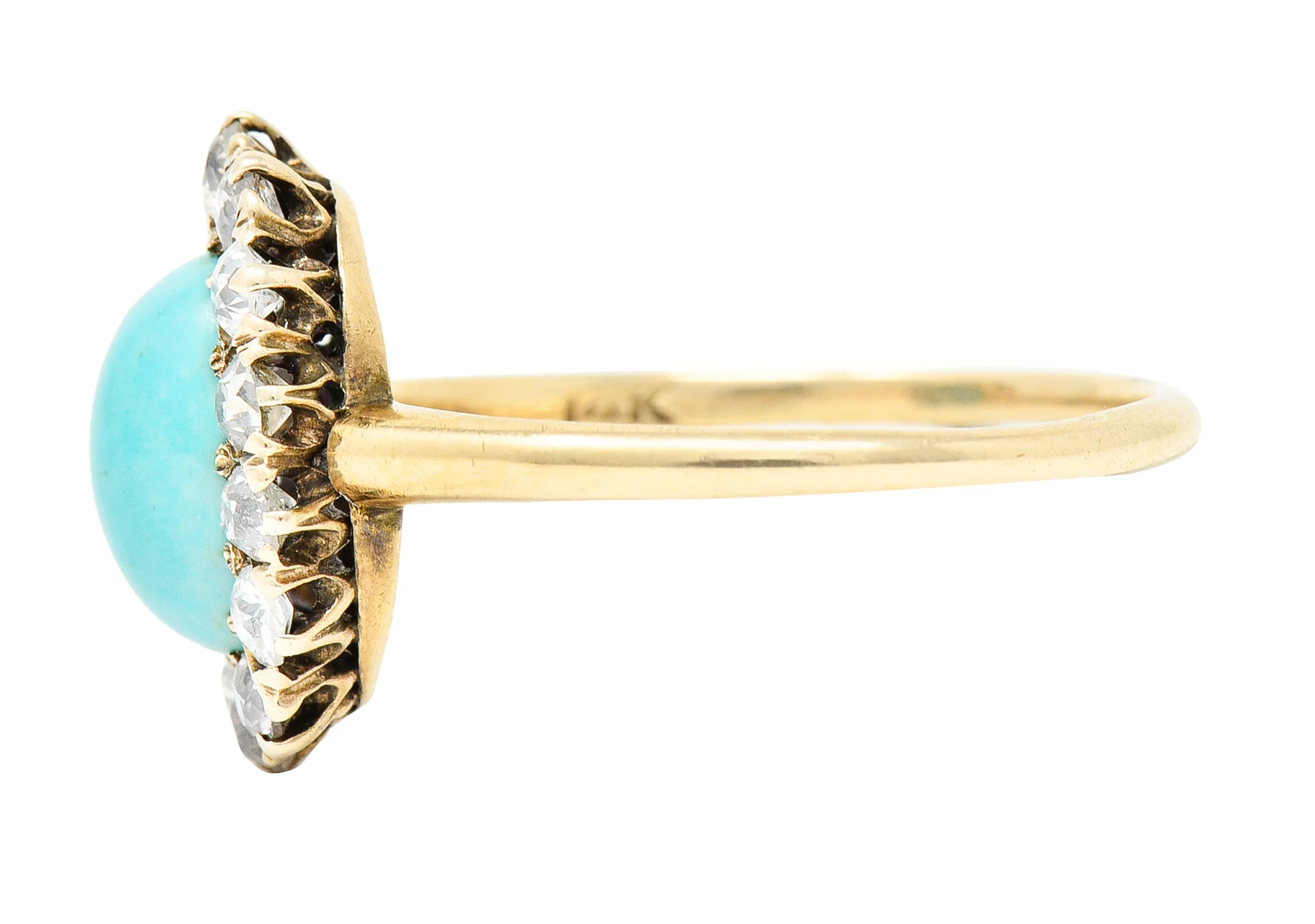 Victorian Turquoise Cabochon Old Mine Cut Diamond 14 Karat Yellow Gold Halo Ring - Image 5