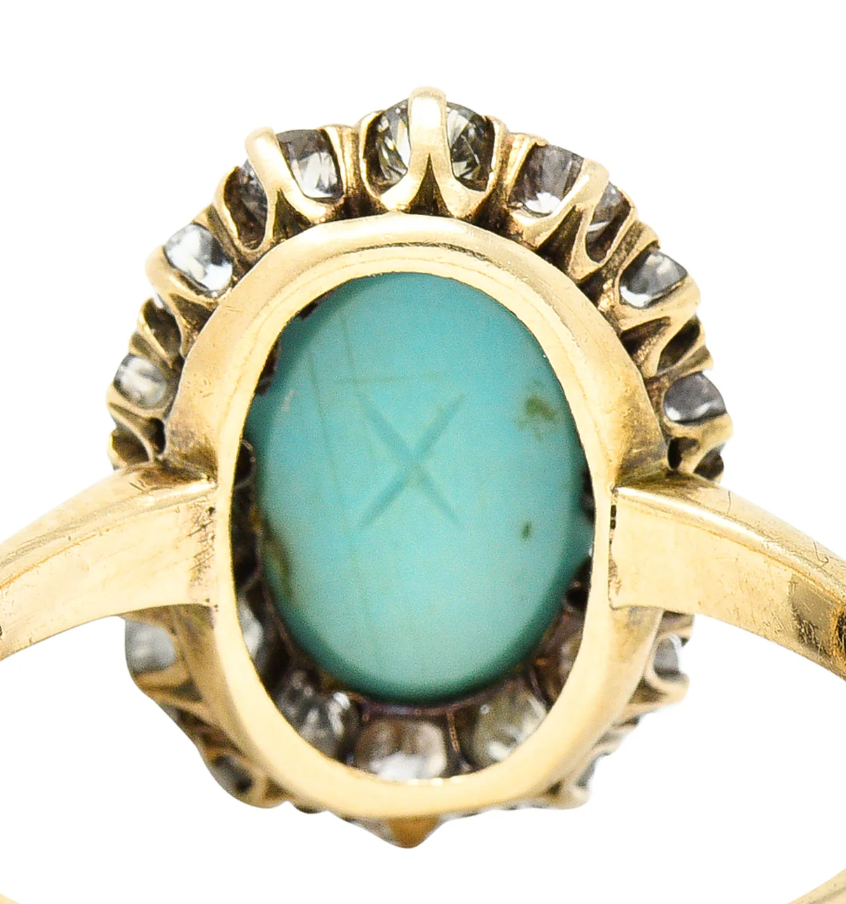 Victorian Turquoise Cabochon Old Mine Cut Diamond 14 Karat Yellow Gold Halo Ring - Image 7