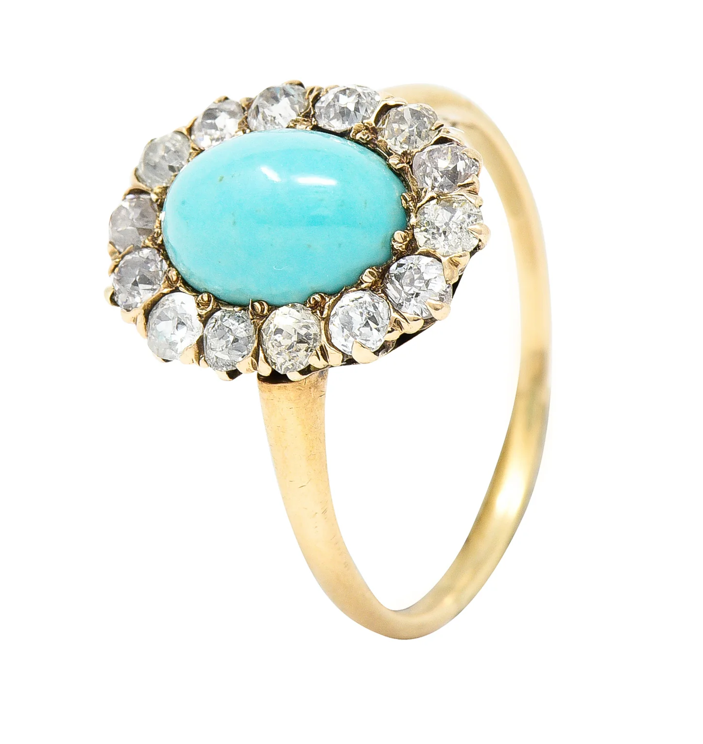 Victorian Turquoise Cabochon Old Mine Cut Diamond 14 Karat Yellow Gold Halo Ring - Image 9