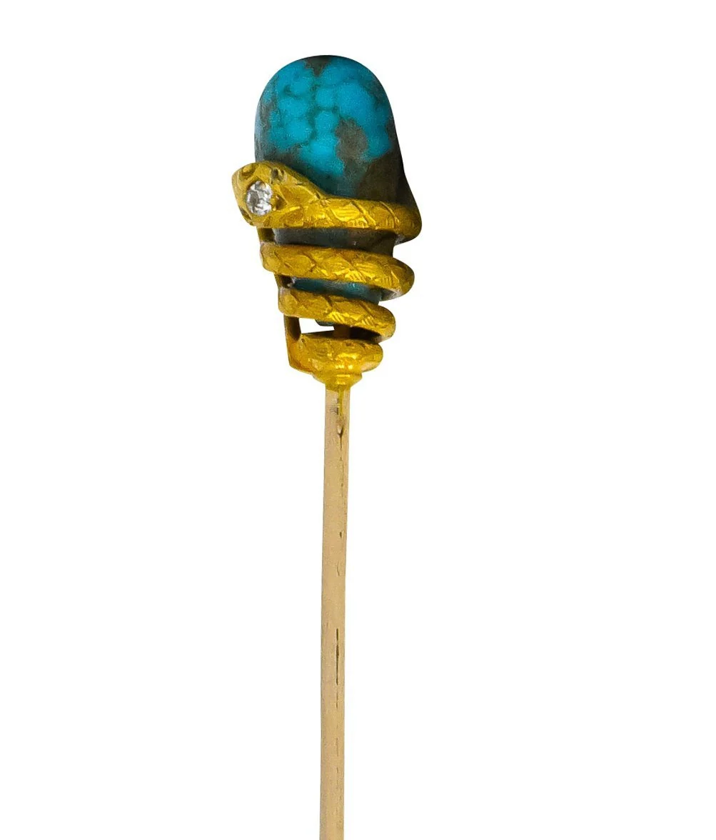 Victorian Turquoise Diamond 14 Karat Gold Snake Stickpin - Image 2