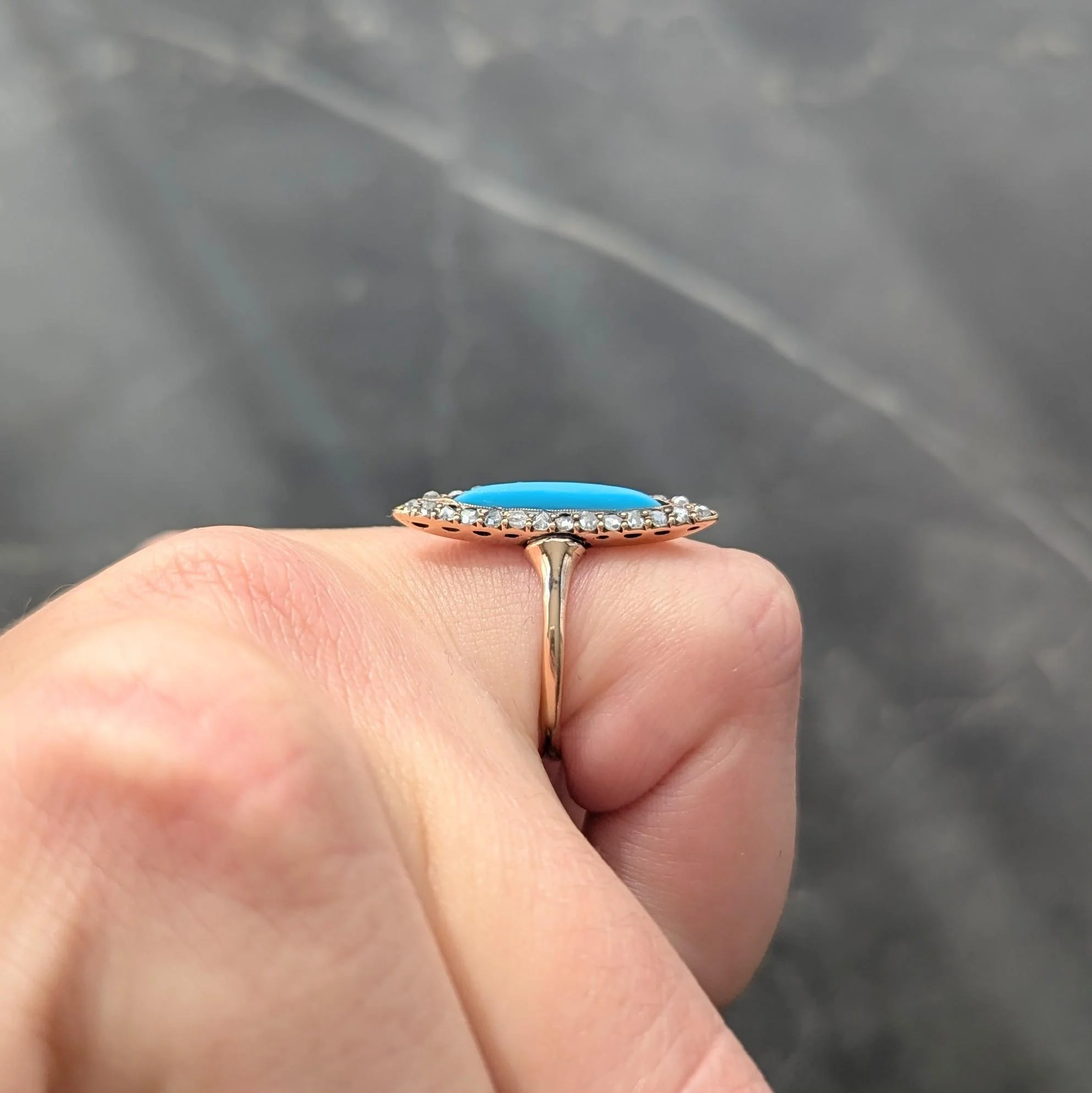 Victorian Turquoise Diamond 14 Karat Rose Gold Antique Navette Halo Ring - Image 10