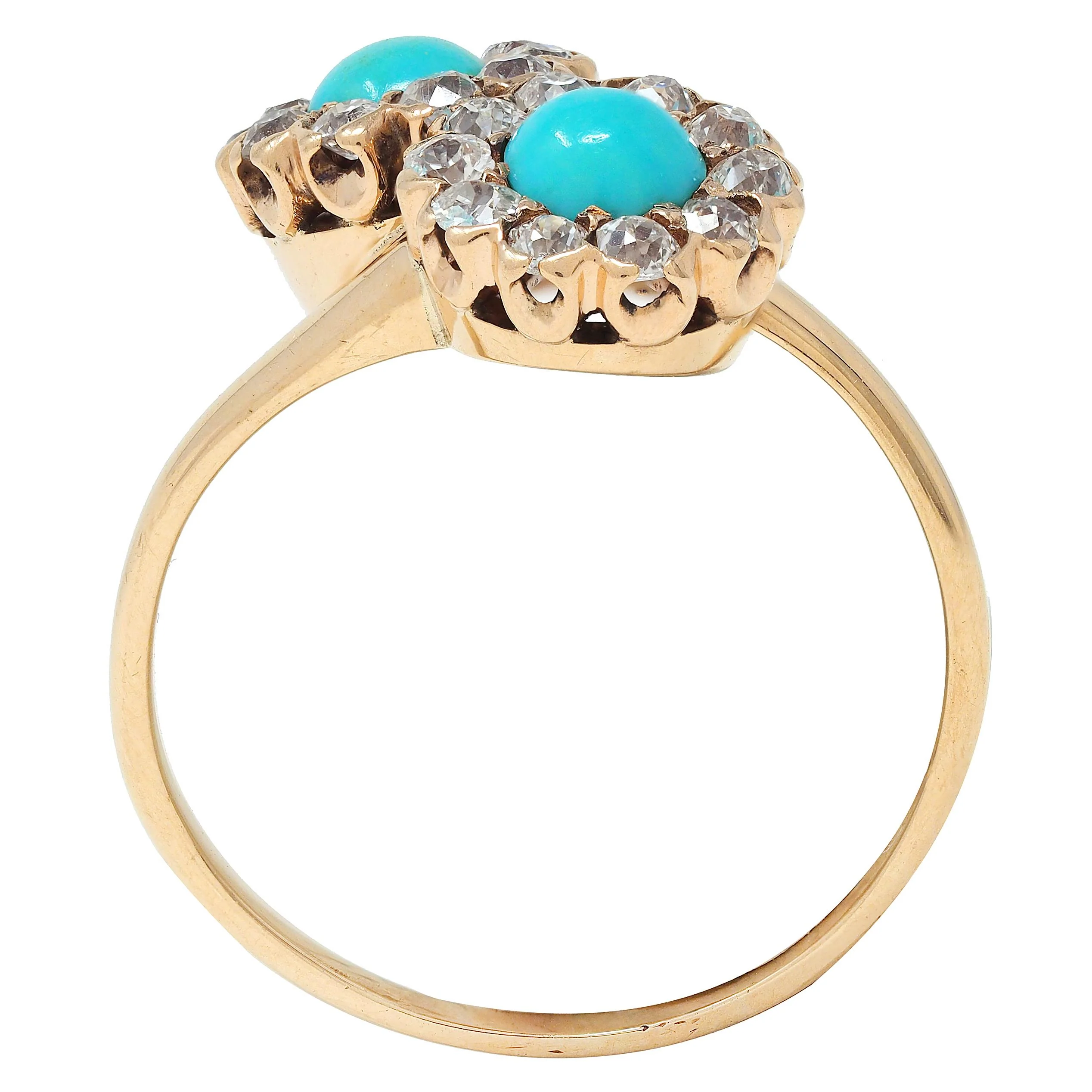 Victorian Turquoise Diamond 14 Karat Yellow Gold Antique Toi-Et-Moi Bypass Ring - Image 5