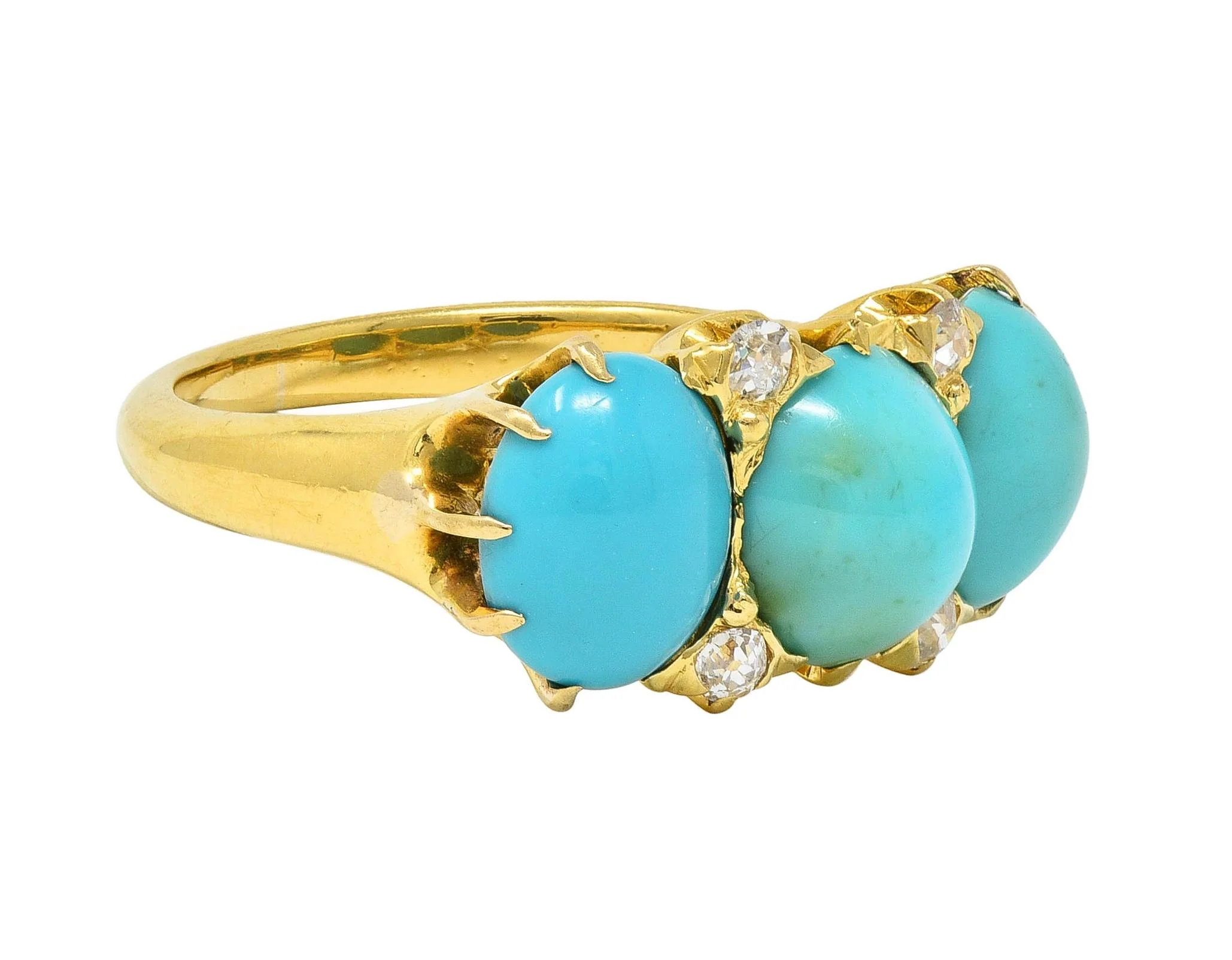 Victorian Turquoise Diamond 18 Karat Yellow Gold Antique Three Stone Band Ring - Image 3