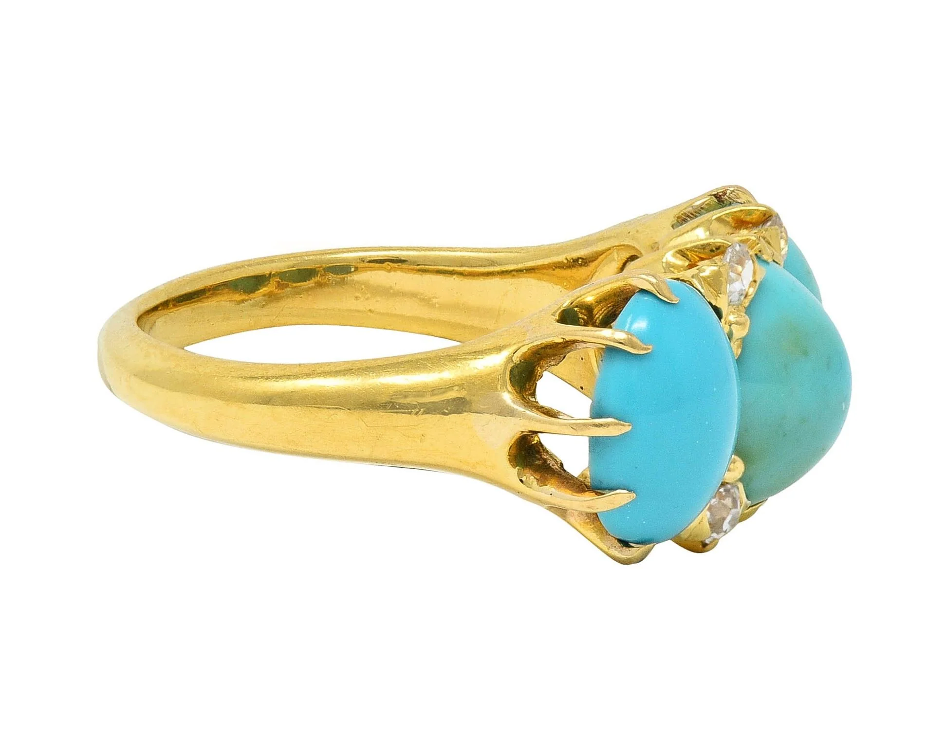 Victorian Turquoise Diamond 18 Karat Yellow Gold Antique Three Stone Band Ring - Image 4
