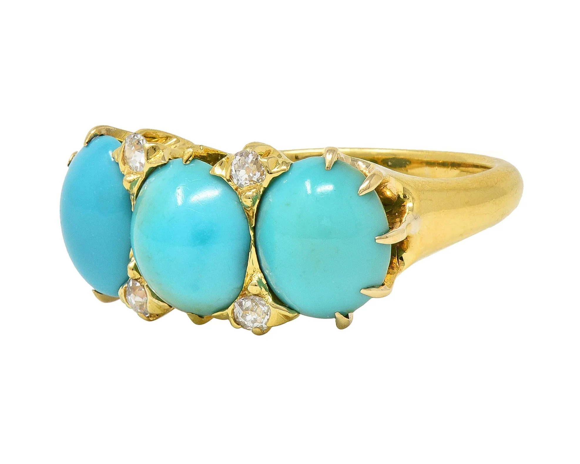 Victorian Turquoise Diamond 18 Karat Yellow Gold Antique Three Stone Band Ring - Image 7
