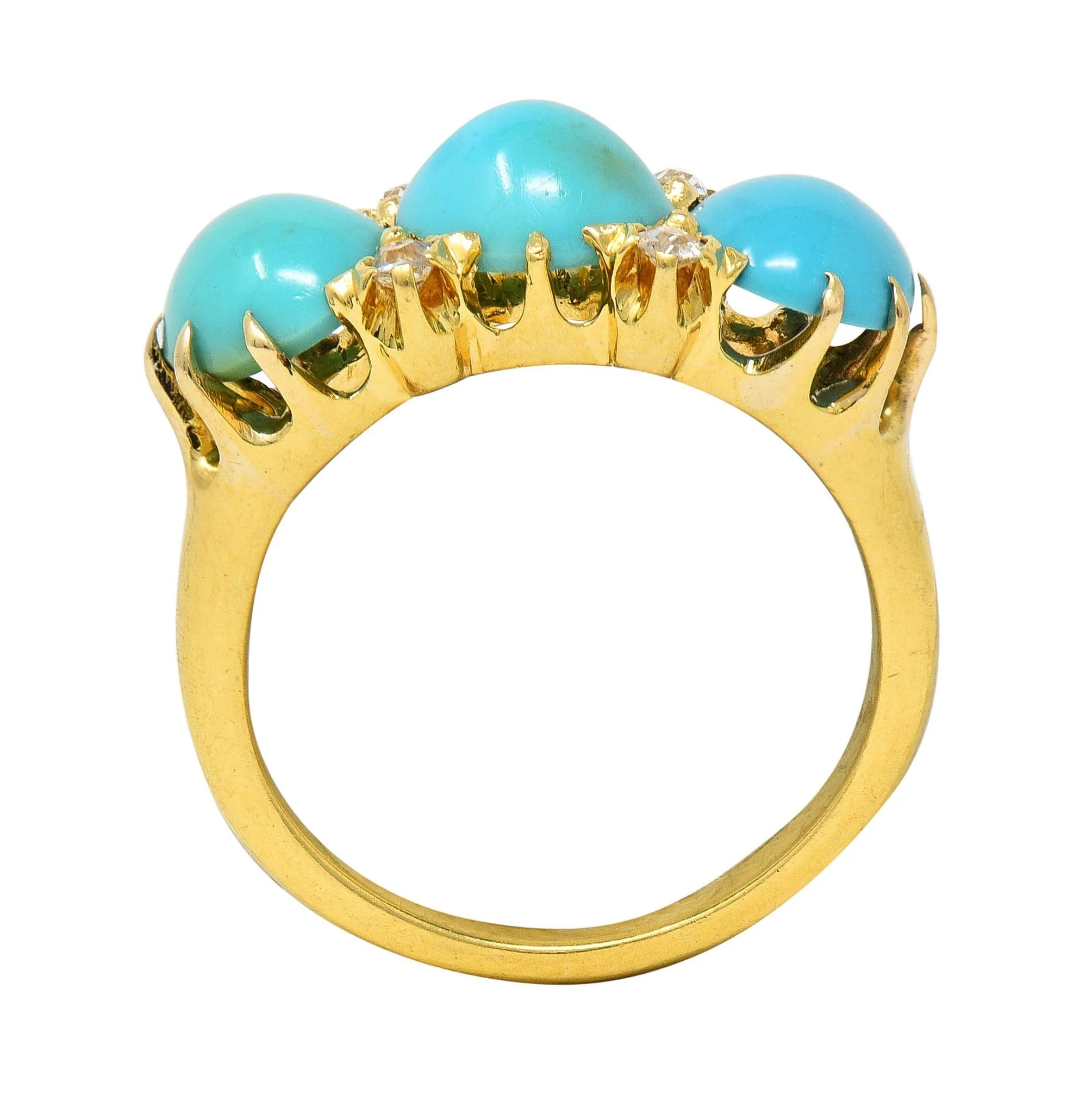 Victorian Turquoise Diamond 18 Karat Yellow Gold Antique Three Stone Band Ring - Image 9