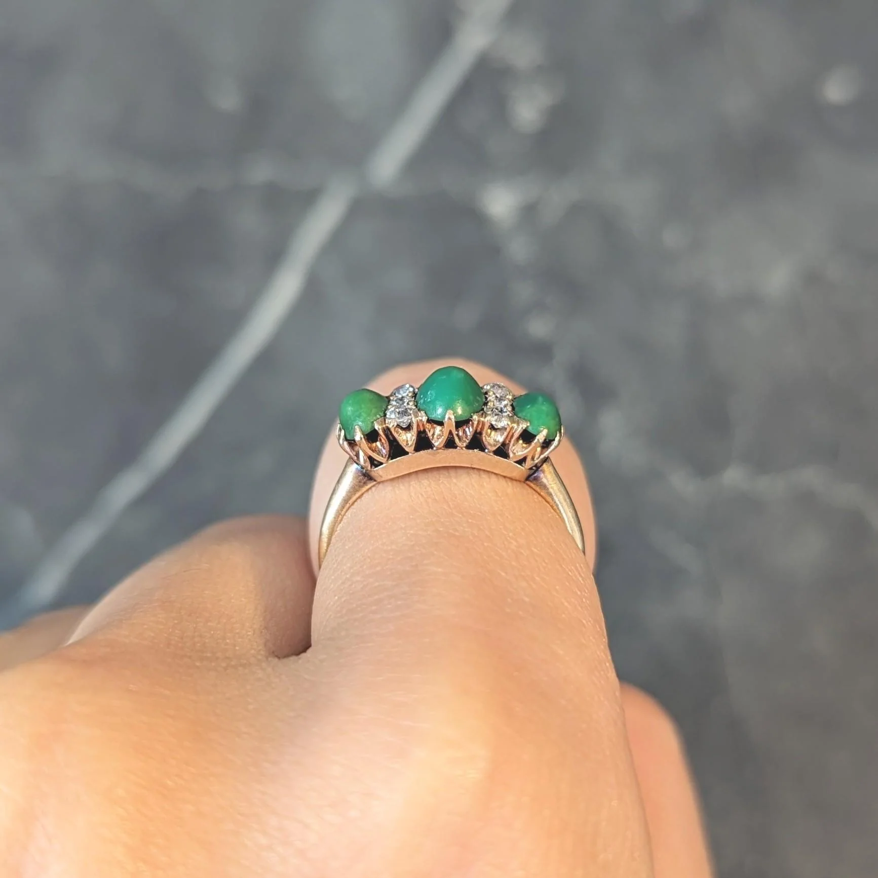 Victorian Turquoise Diamond 18 Karat Yellow Gold Antique Three Stone Ring - Image 12