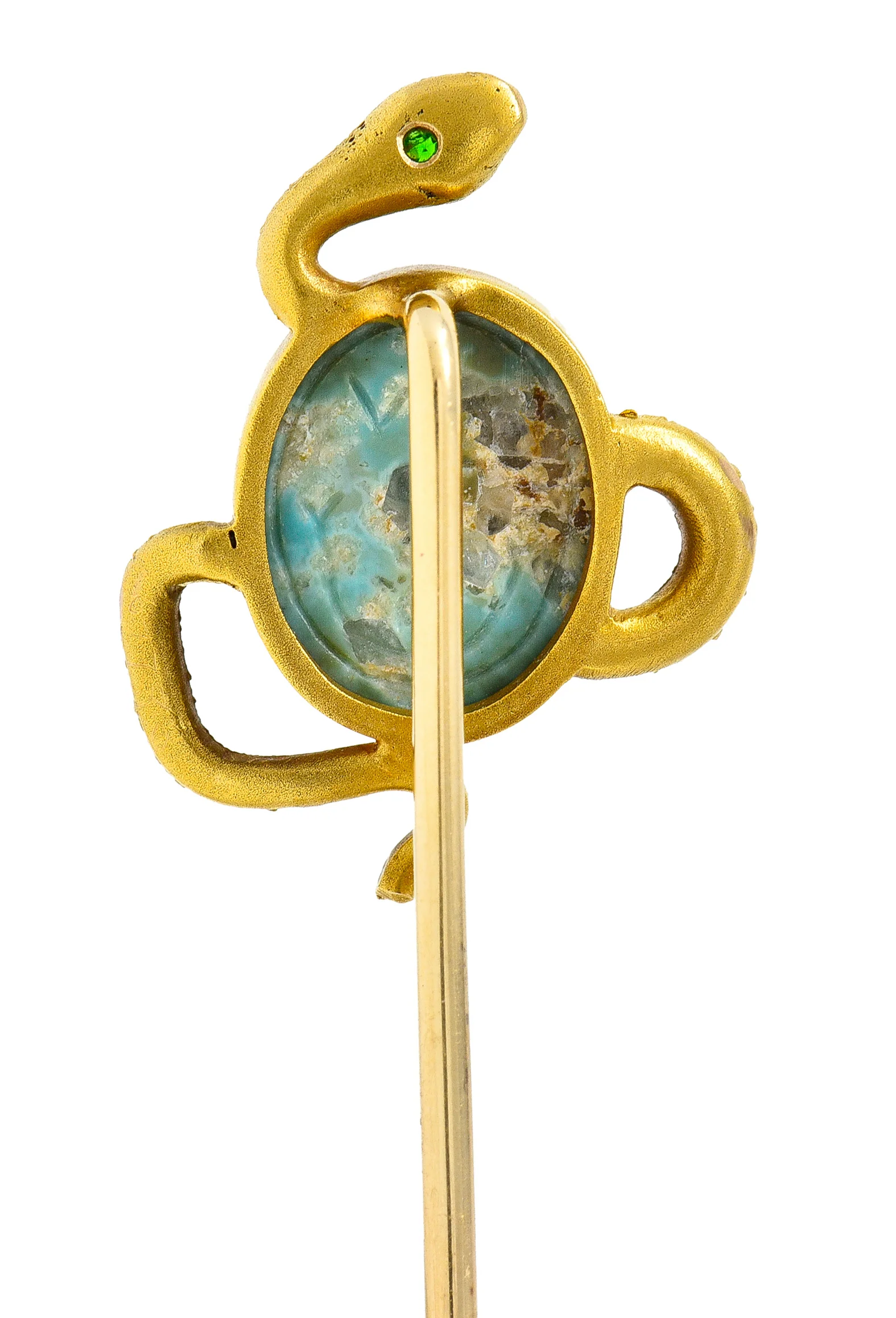 Victorian Turquoise Emerald 14 Karat Yellow Gold Scarab Snake Antique Unisex Stickpin - Image 4