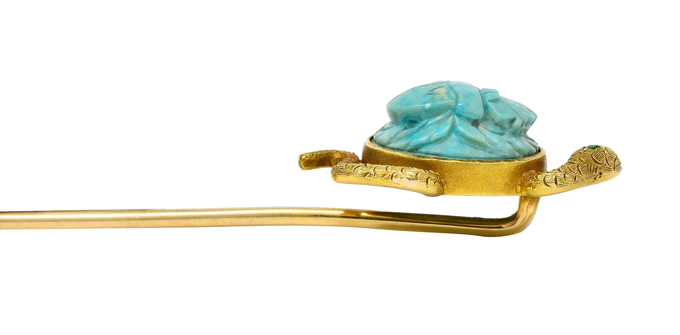 Victorian Turquoise Emerald 14 Karat Yellow Gold Scarab Snake Antique Unisex Stickpin - Image 7