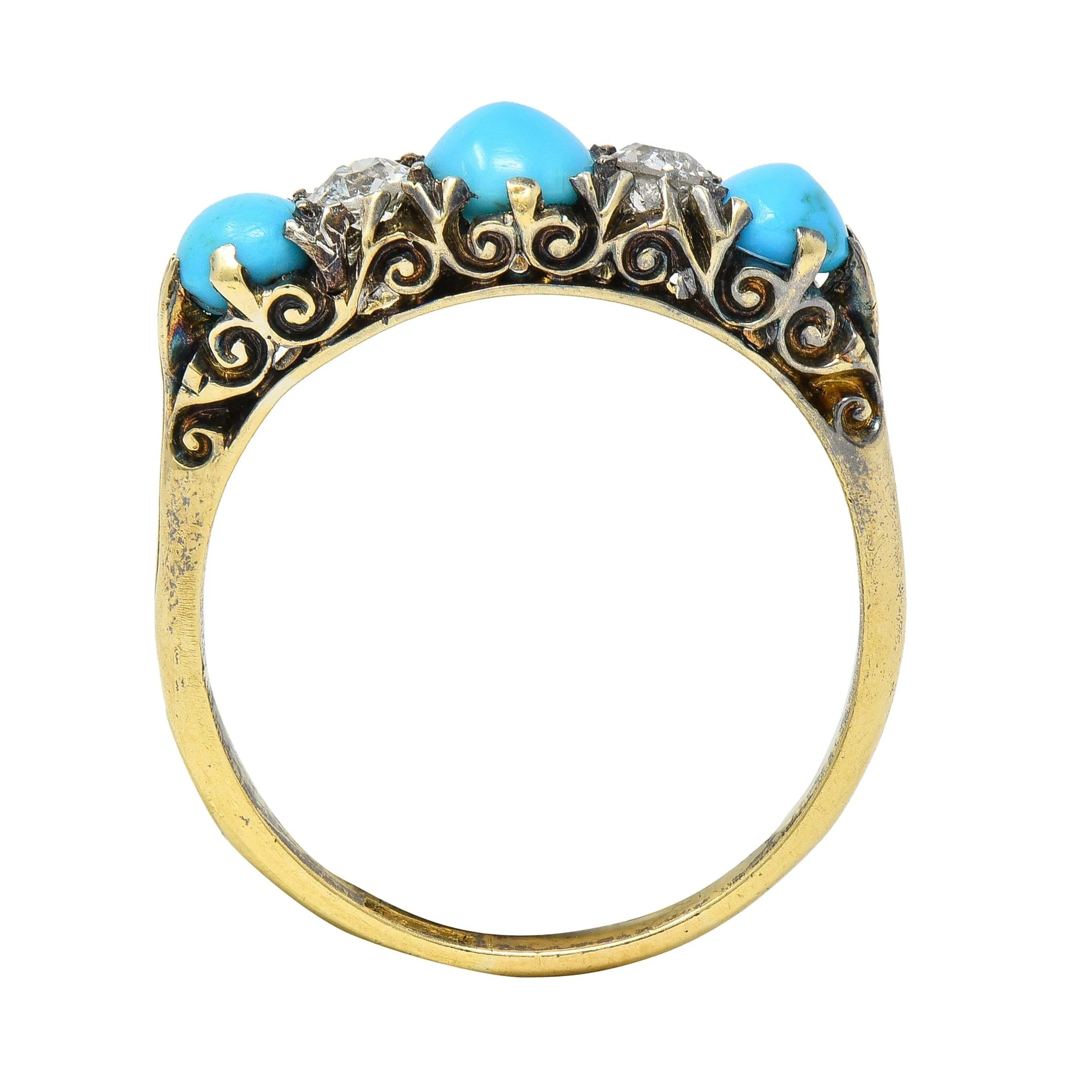 Victorian Turquoise Old Mine Cut Diamond 18 Karat Yellow Gold Scrolling Antique Five Stone Band Ring - Image 11