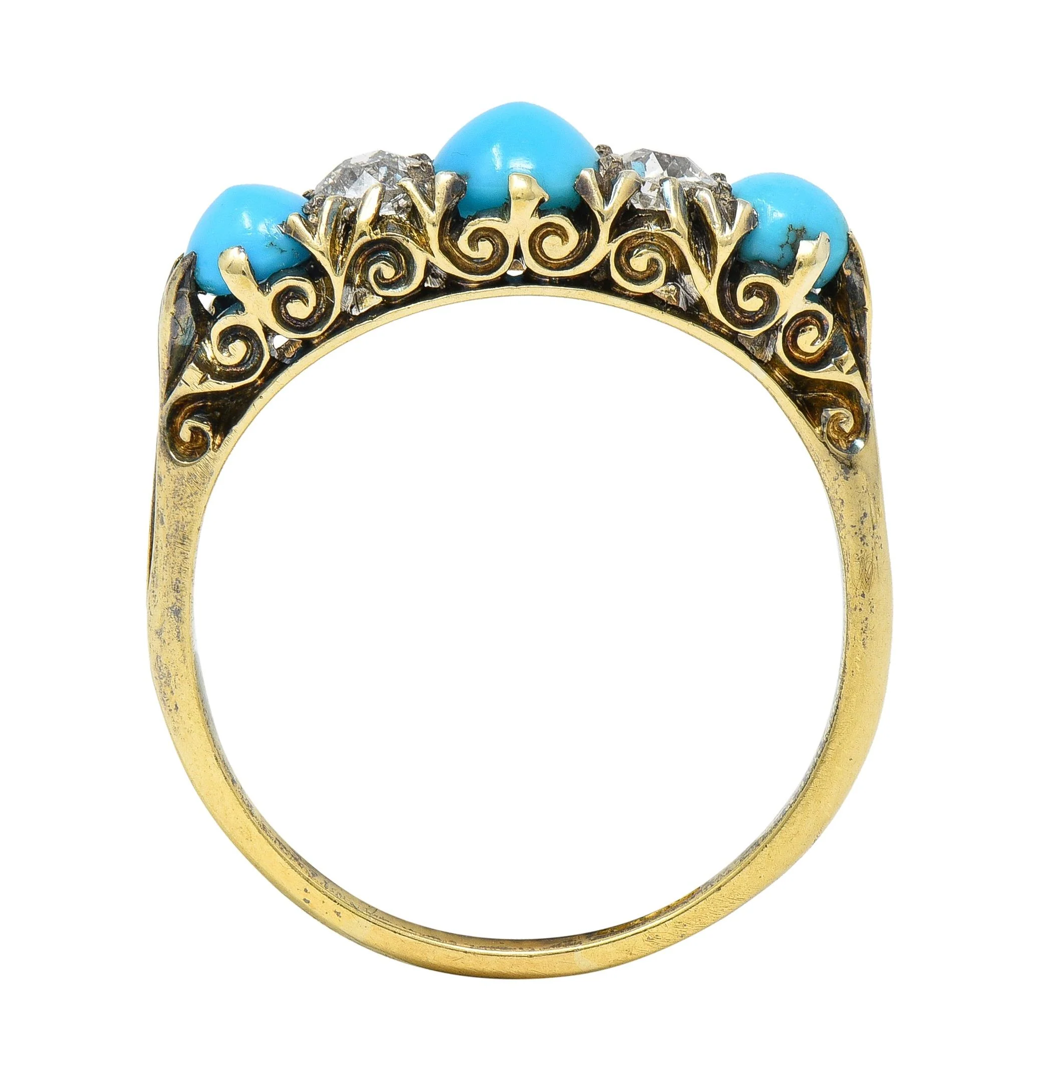 Victorian Turquoise Old Mine Cut Diamond 18 Karat Yellow Gold Scrolling Antique Five Stone Band Ring - Image 2