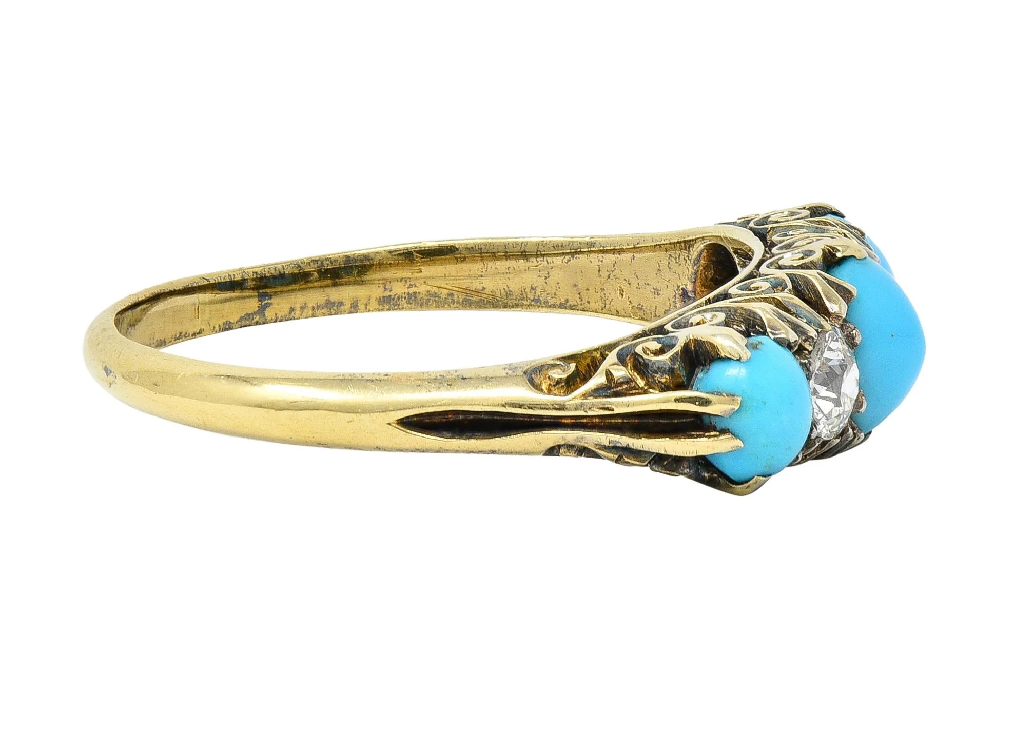 Victorian Turquoise Old Mine Cut Diamond 18 Karat Yellow Gold Scrolling Antique Five Stone Band Ring - Image 4