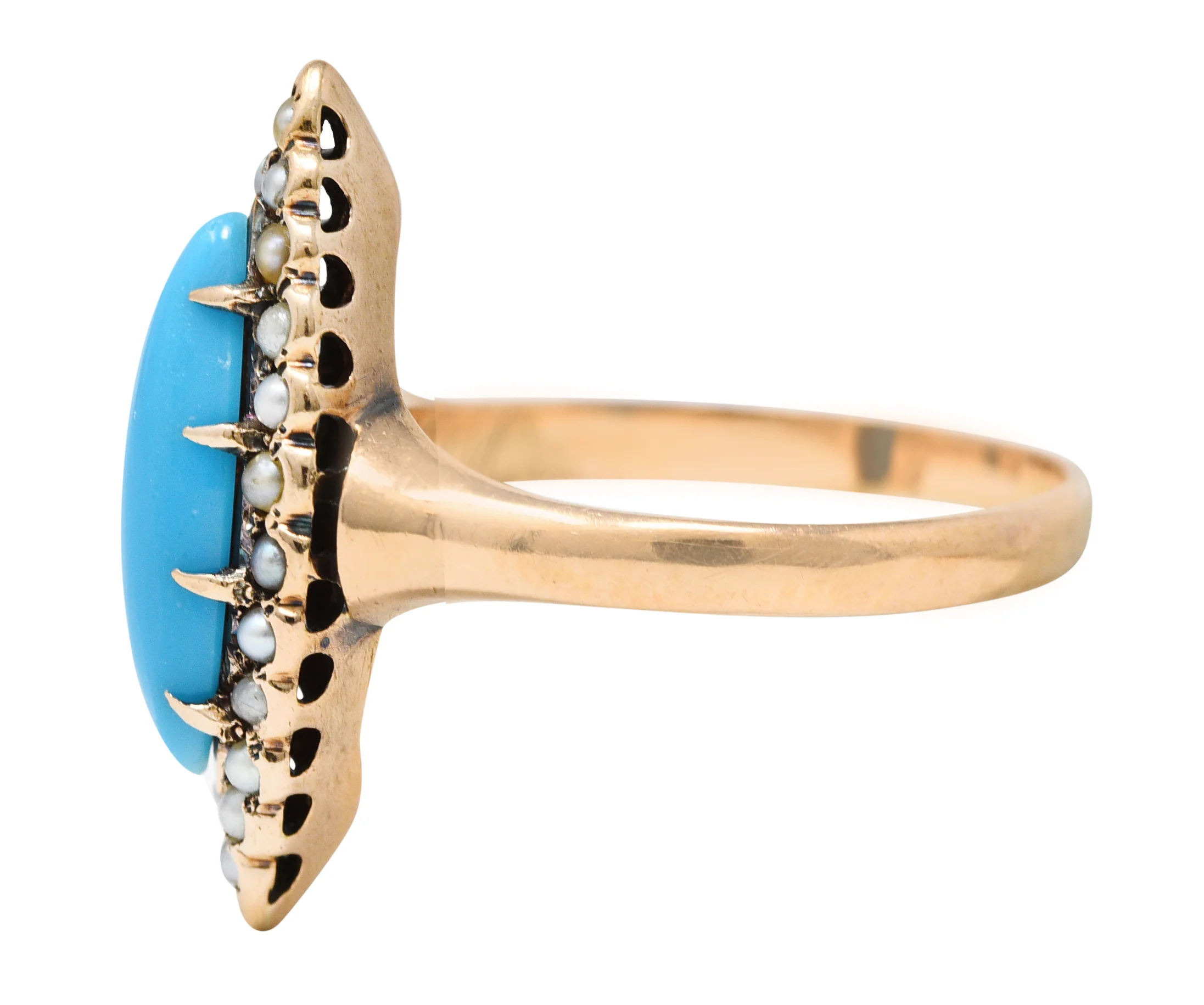Victorian Turquoise Pearl 10 Karat Rose Gold Antique Navette Halo Ring - Image 5