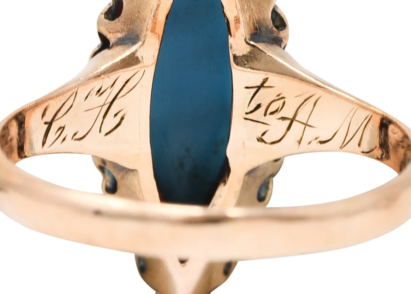 Victorian Turquoise Pearl 10 Karat Rose Gold Antique Navette Halo Ring - Image 7